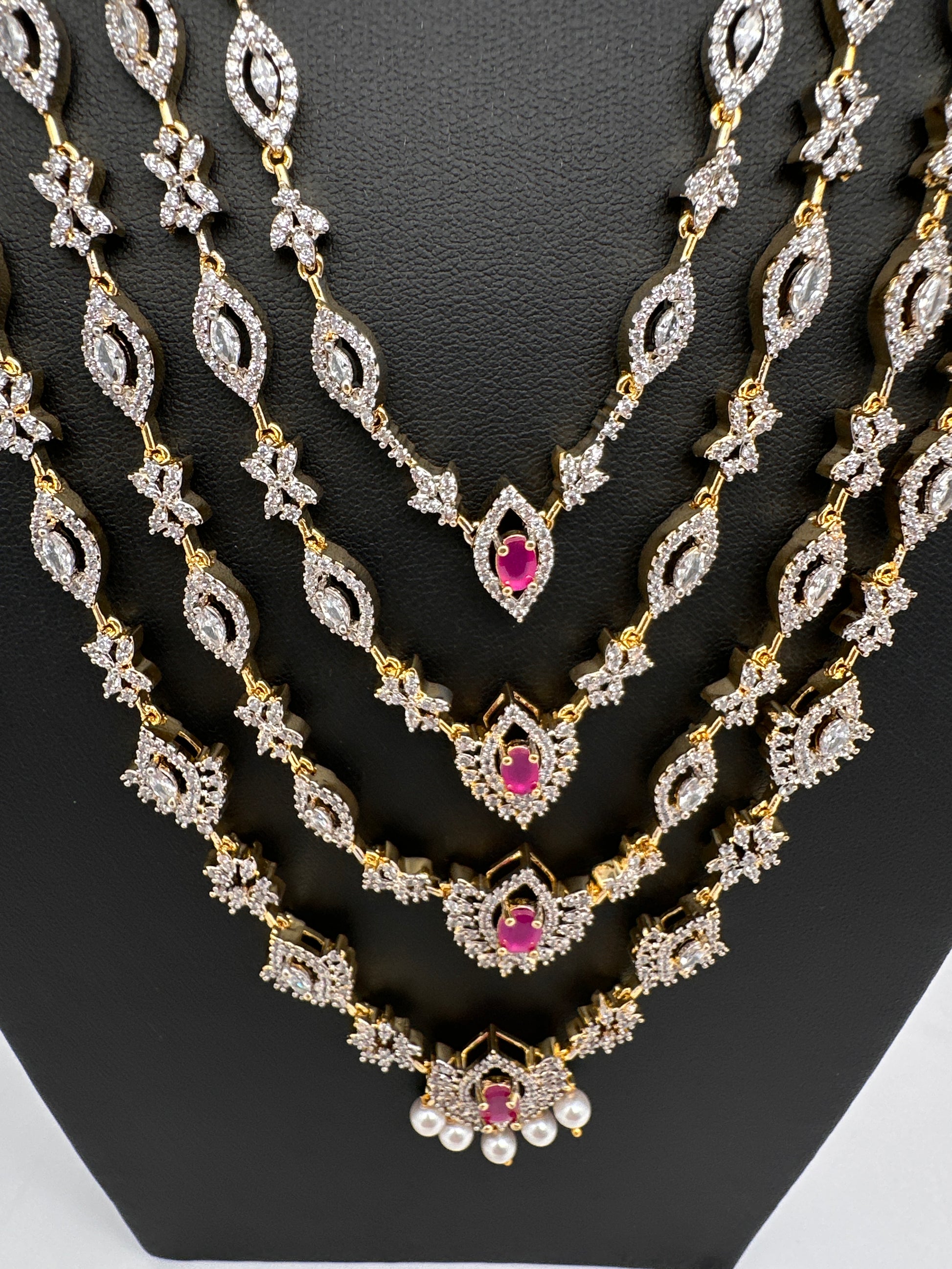 AD Color Stone Multi Layer Long  Necklace - Red