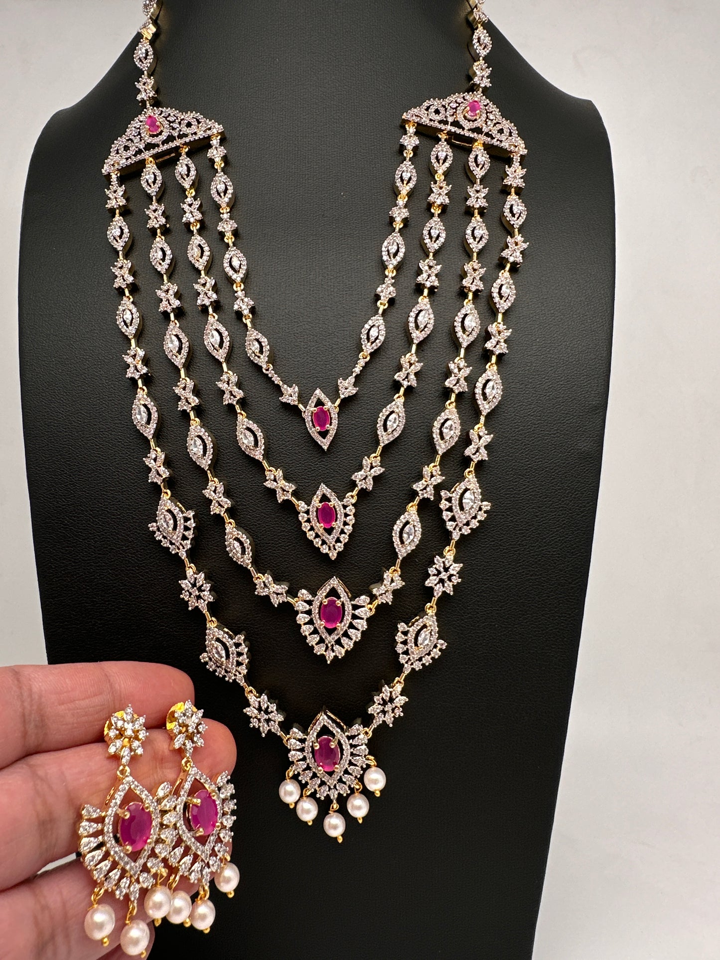 AD Color Stone Multi Layer Long  Necklace - Red