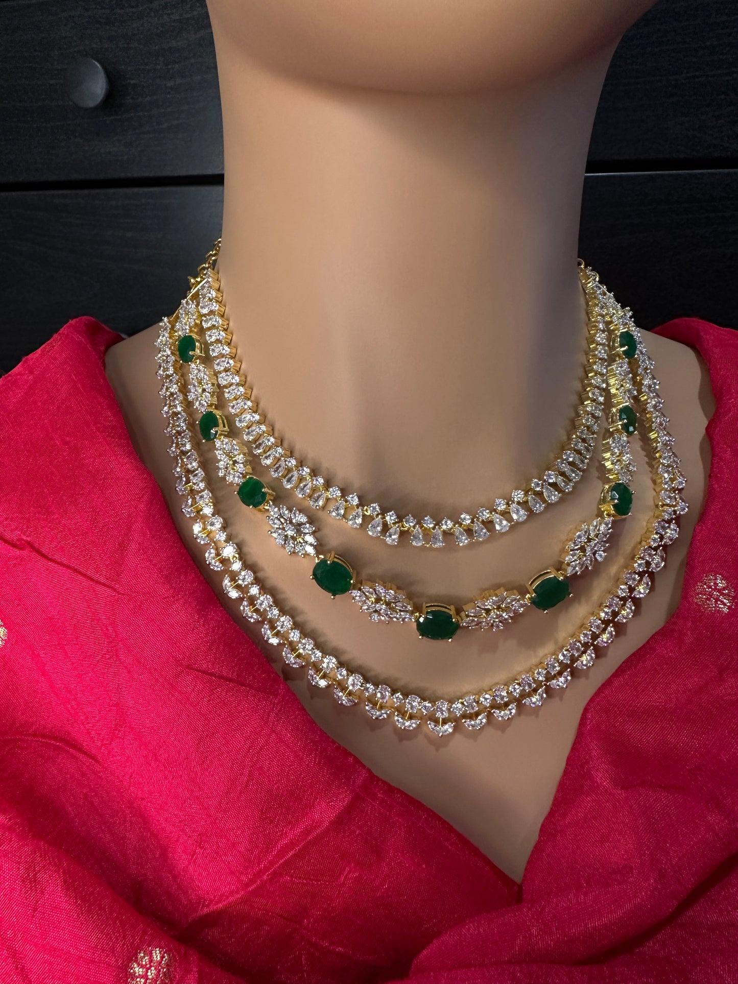 AD Color Stone Multi Layer Short Necklace - Green