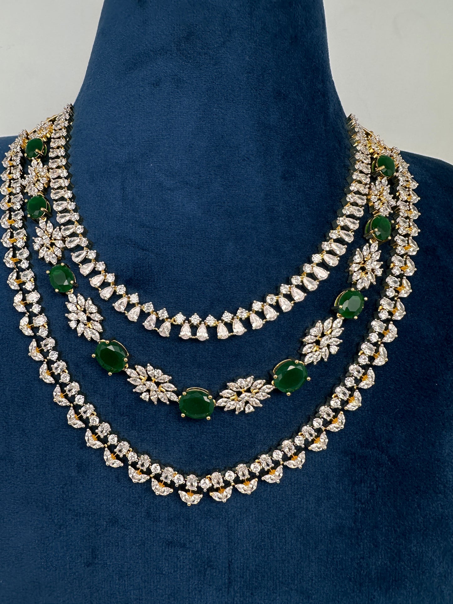 AD Color Stone Multi Layer Short Necklace - Green