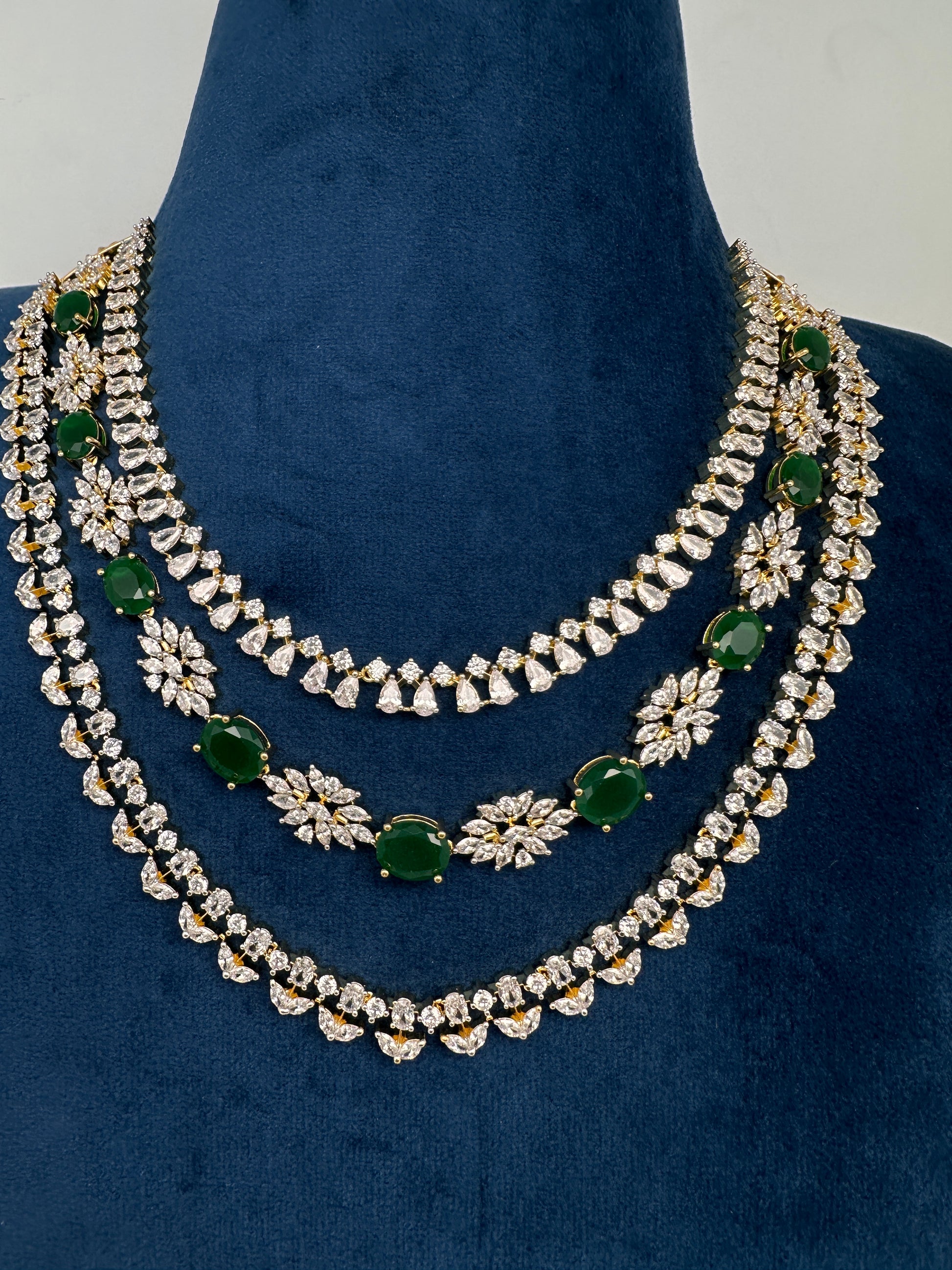 AD Color Stone Multi Layer Short Necklace - Green