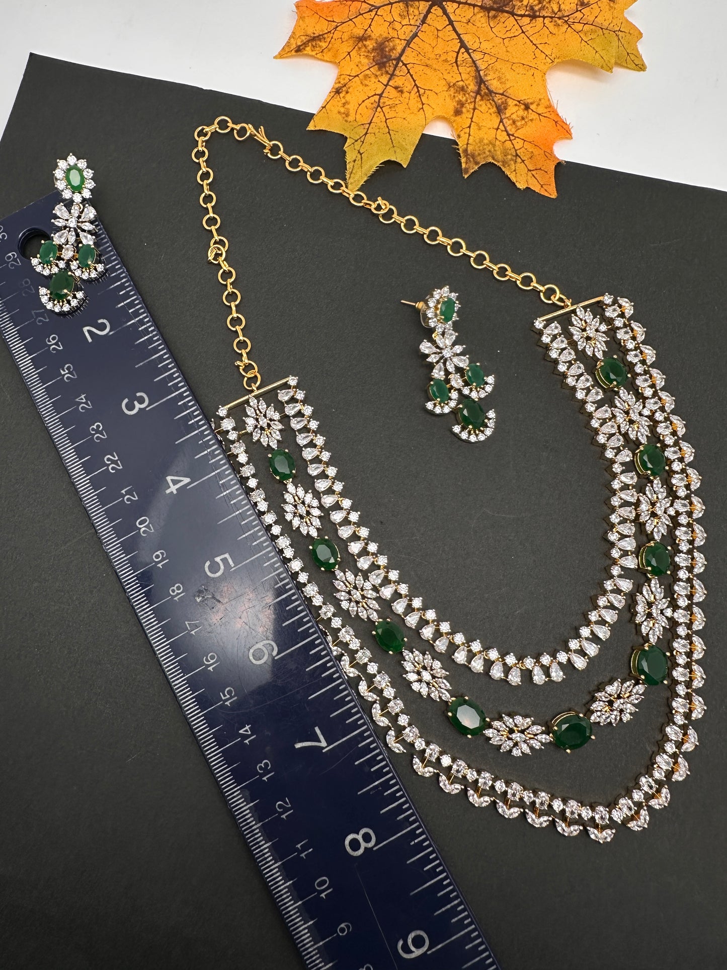 AD Color Stone Multi Layer Short Necklace - Green