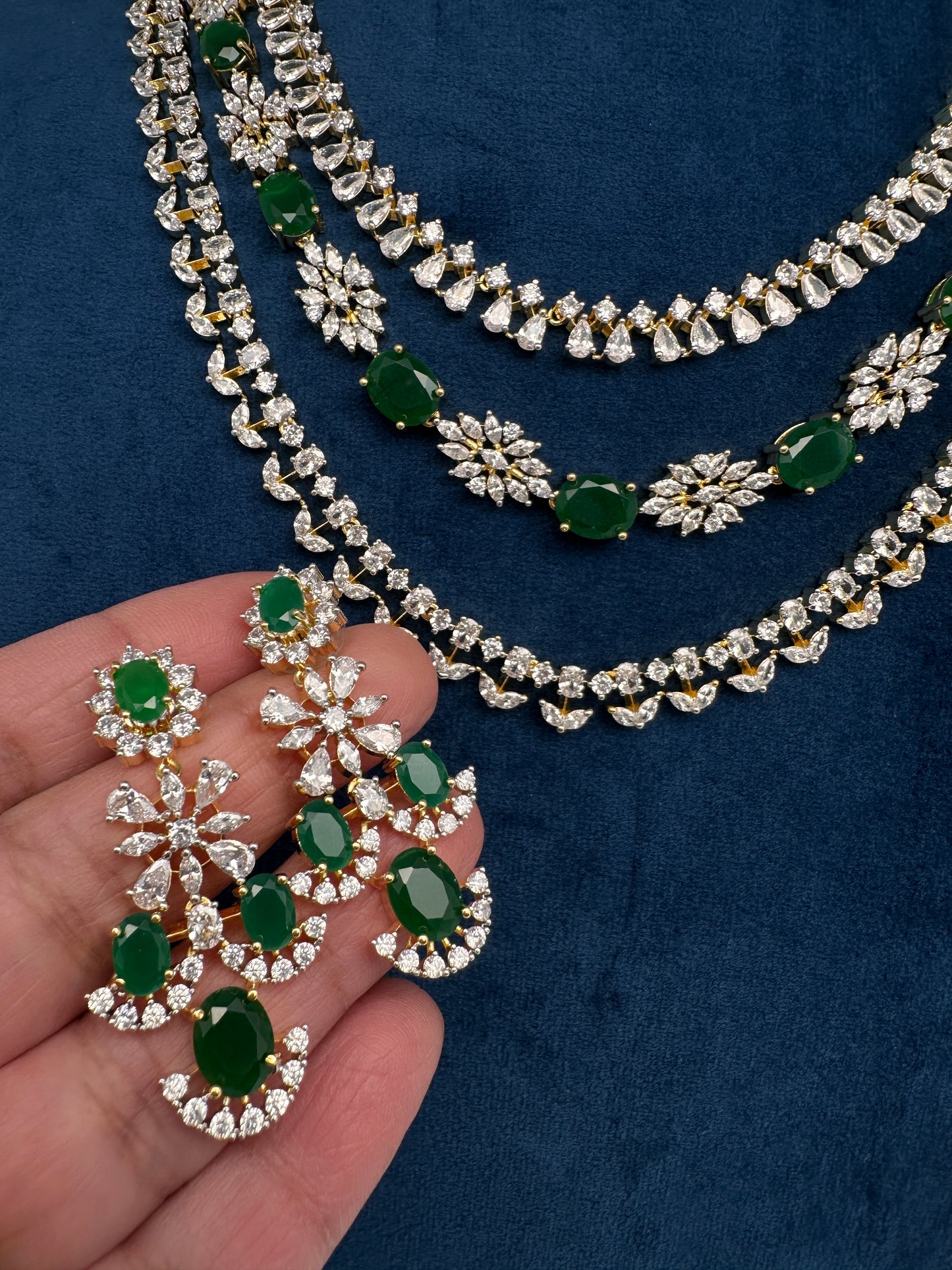 AD Color Stone Multi Layer Short Necklace - Green