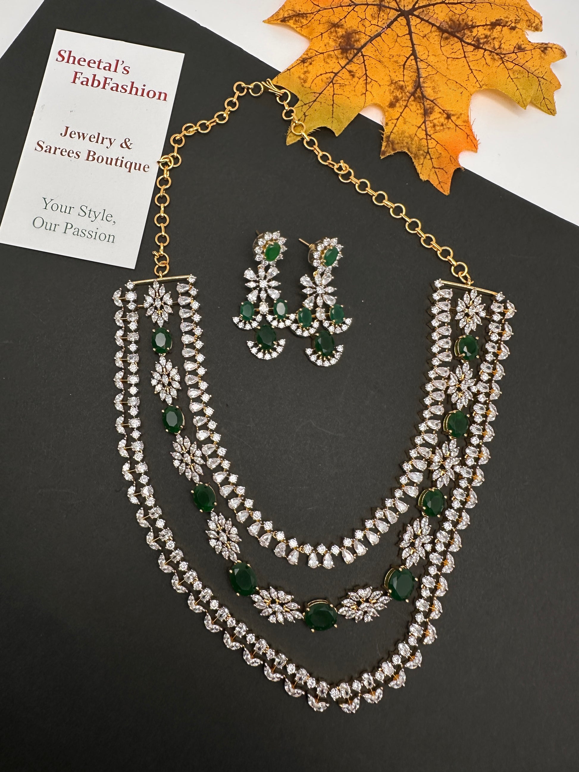 AD Color Stone Multi Layer Short Necklace - Green