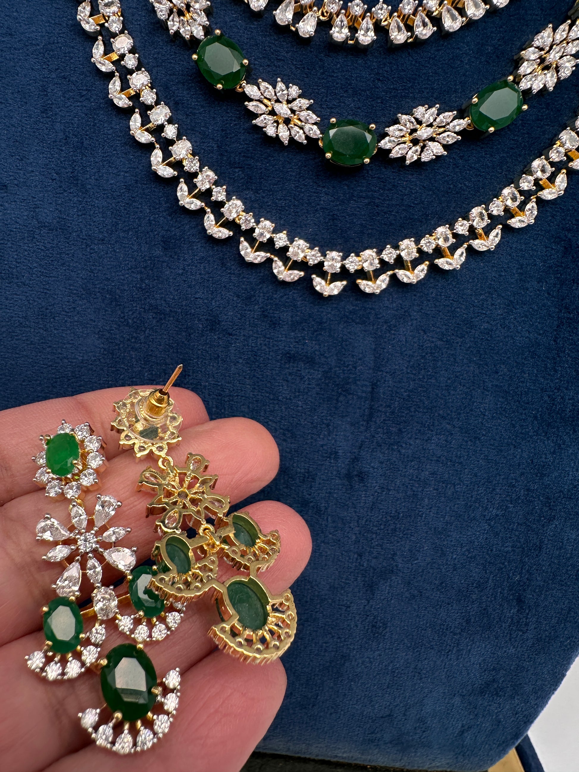 AD Color Stone Multi Layer Short Necklace - Green