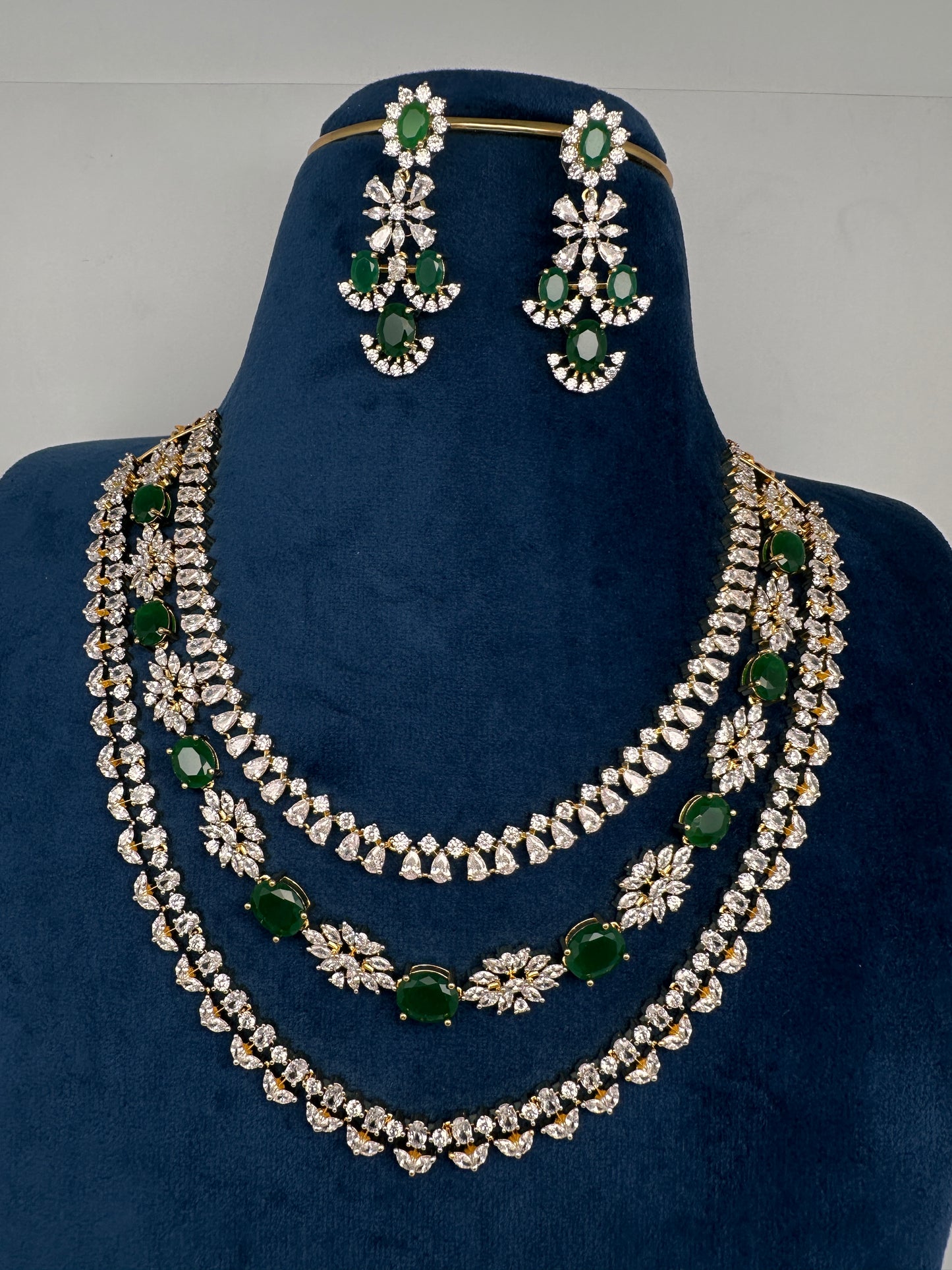 AD Color Stone Multi Layer Short Necklace - Green