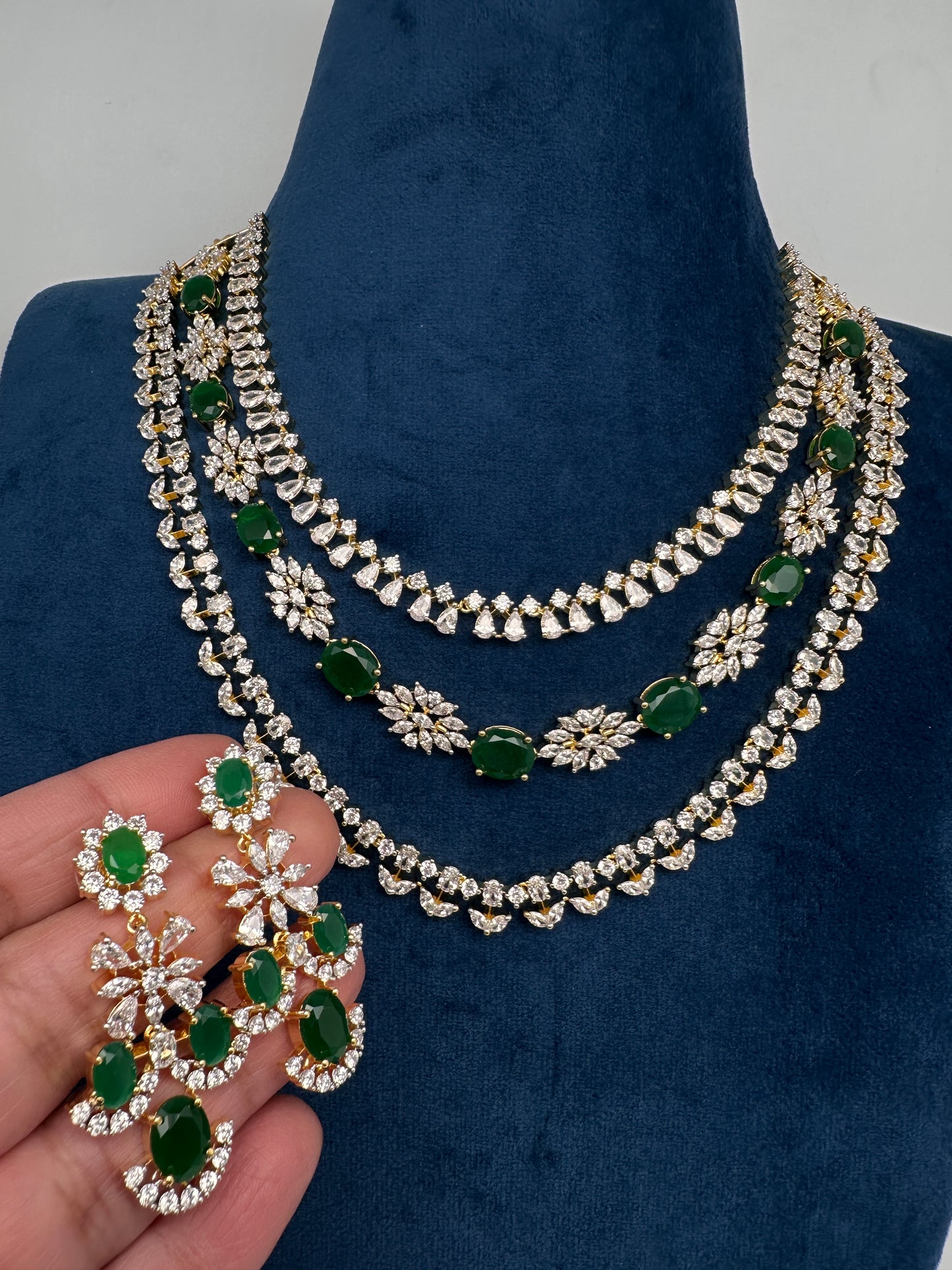 AD Color Stone Multi Layer Short Necklace - Green
