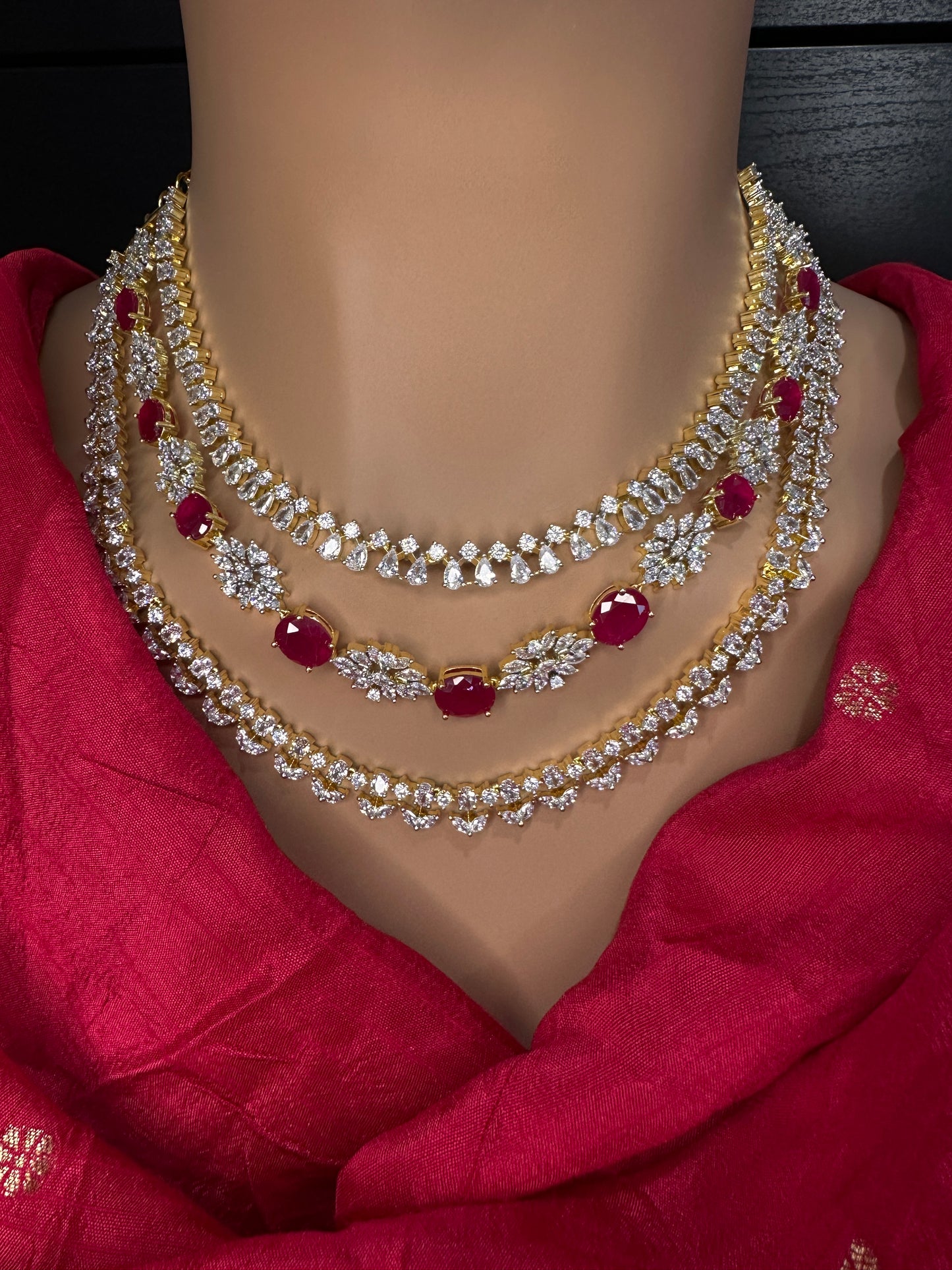 AD Color Stone Multi Layer Short Necklace - Red