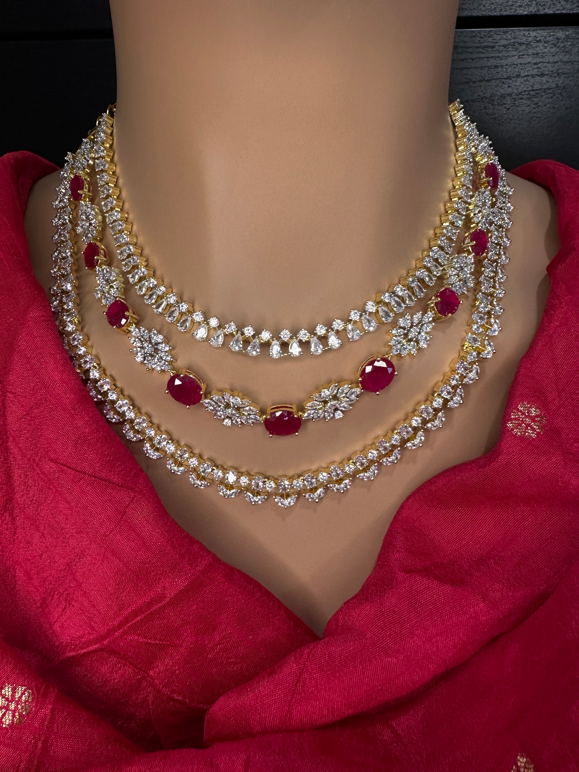 AD Color Stone Multi Layer Short Necklace - Red