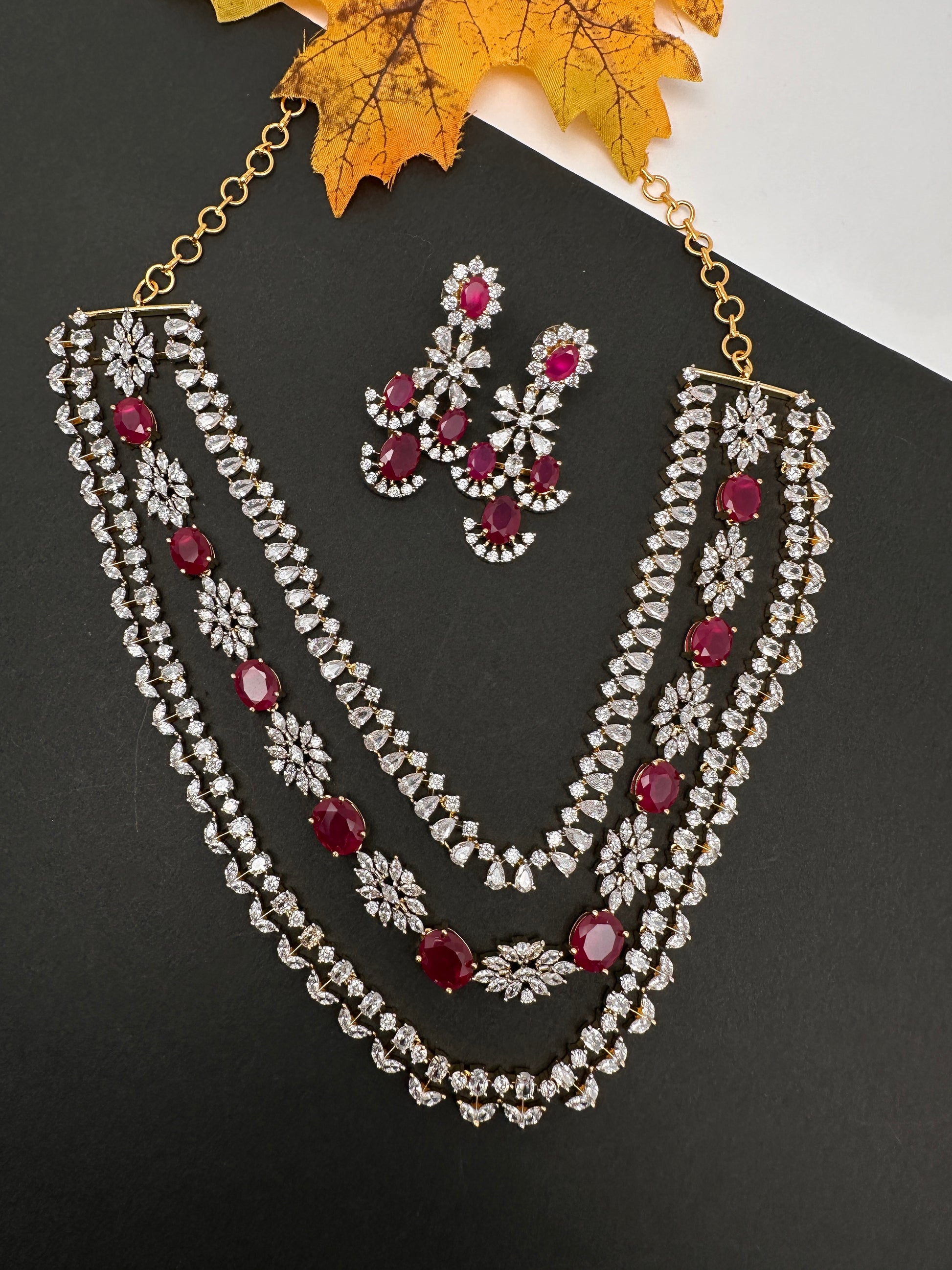 AD Color Stone Multi Layer Short Necklace - Red