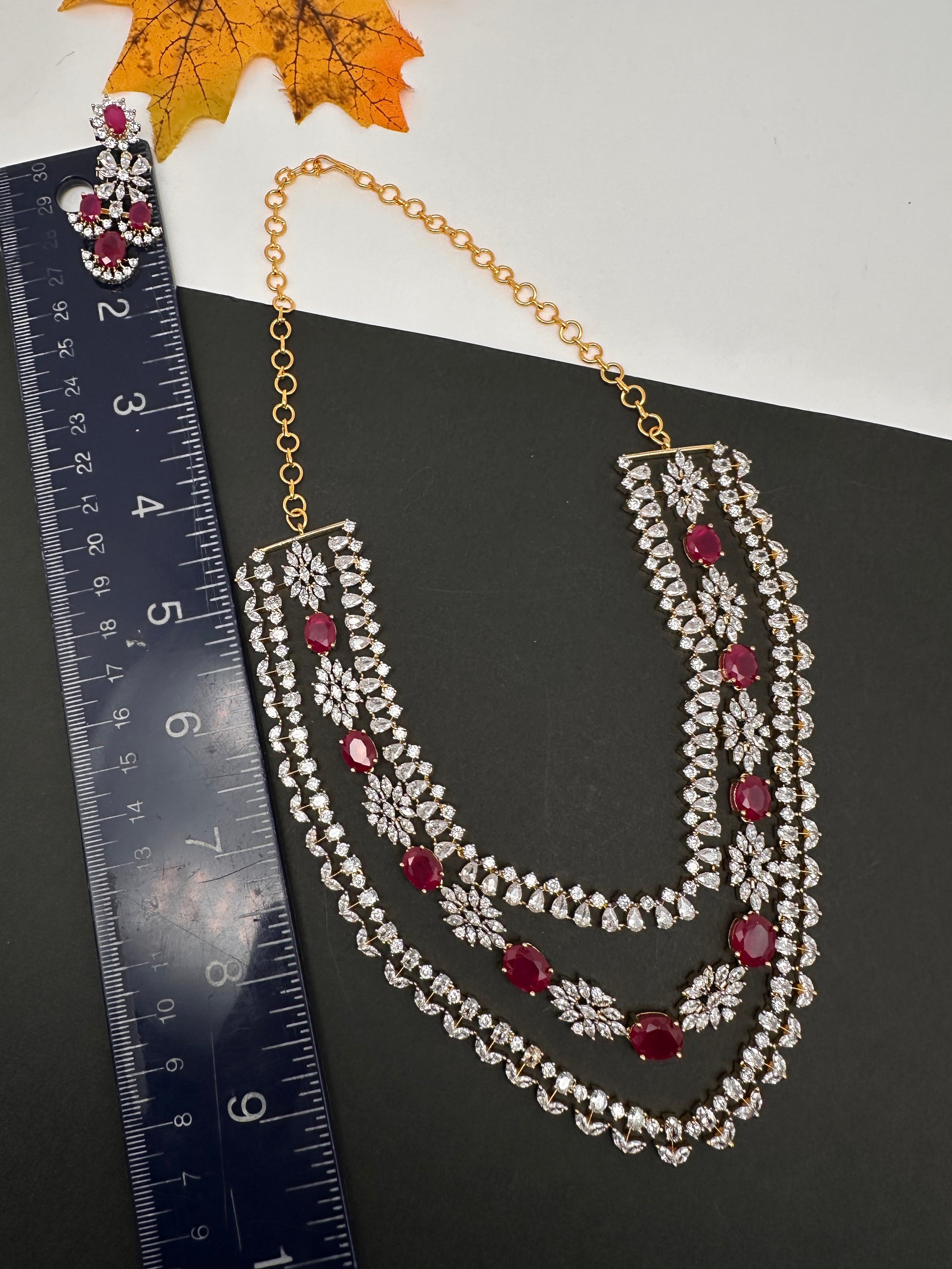 AD Color Stone Multi Layer Short Necklace - Red