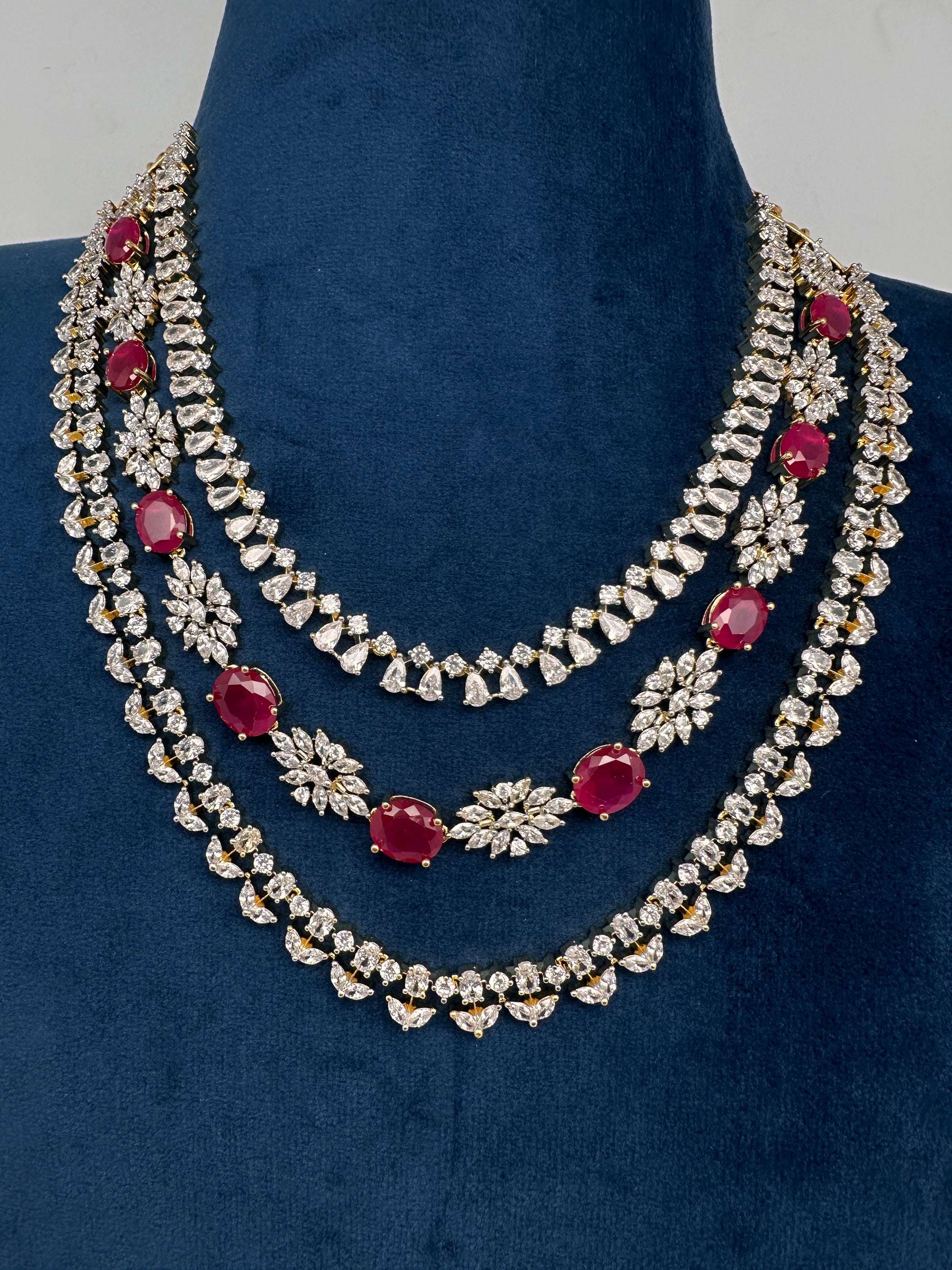AD Color Stone Multi Layer Short Necklace - Red