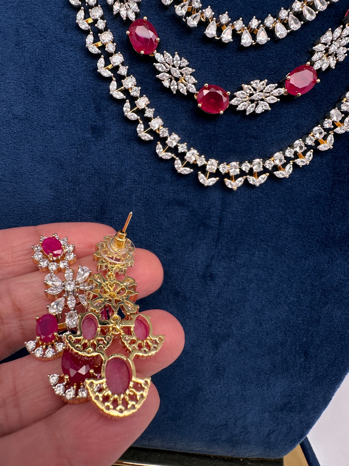 AD Color Stone Multi Layer Short Necklace - Red
