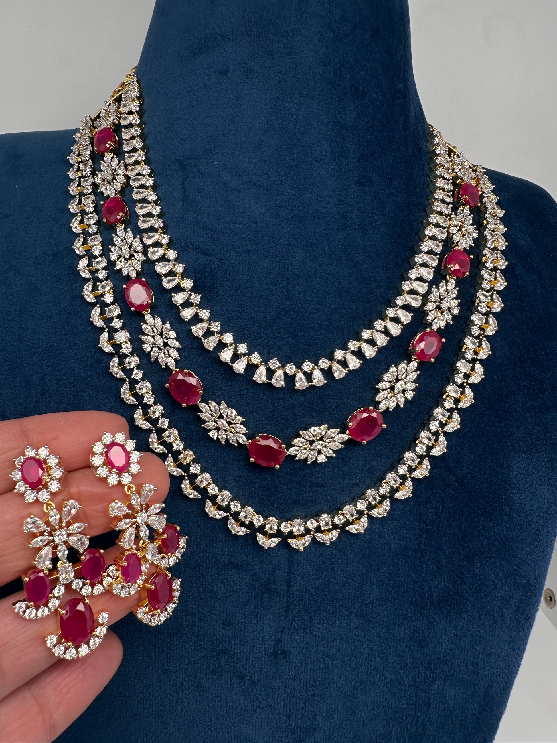 AD Color Stone Multi Layer Short Necklace - Red