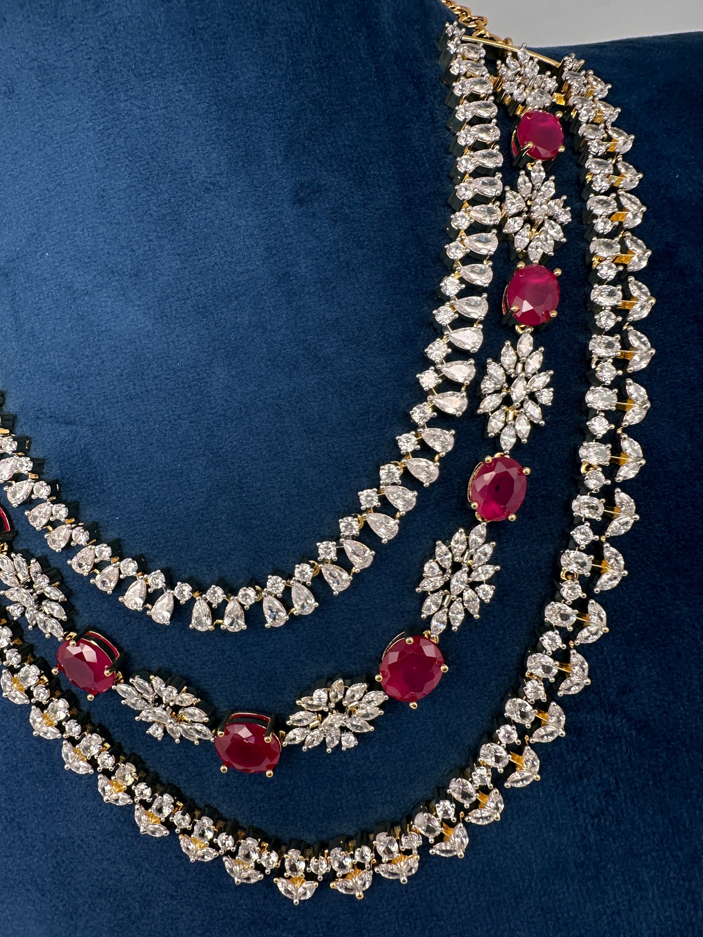 AD Color Stone Multi Layer Short Necklace - Red
