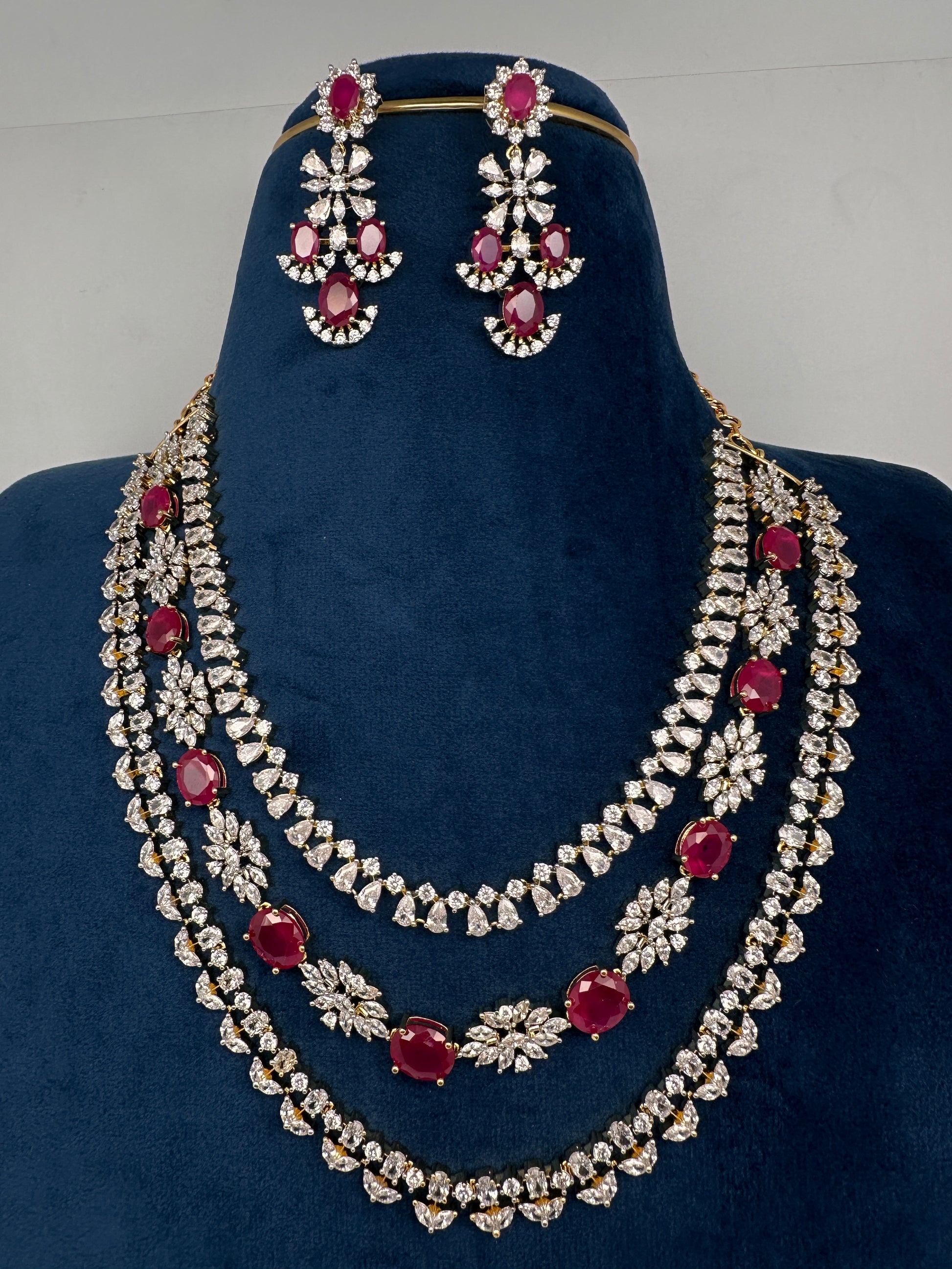 AD Color Stone Multi Layer Short Necklace - Red