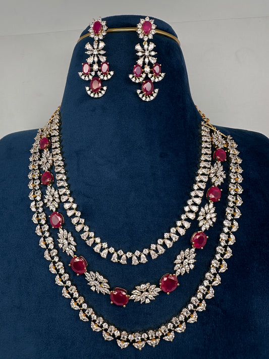 AD Color Stone Multi Layer Short Necklace - Red