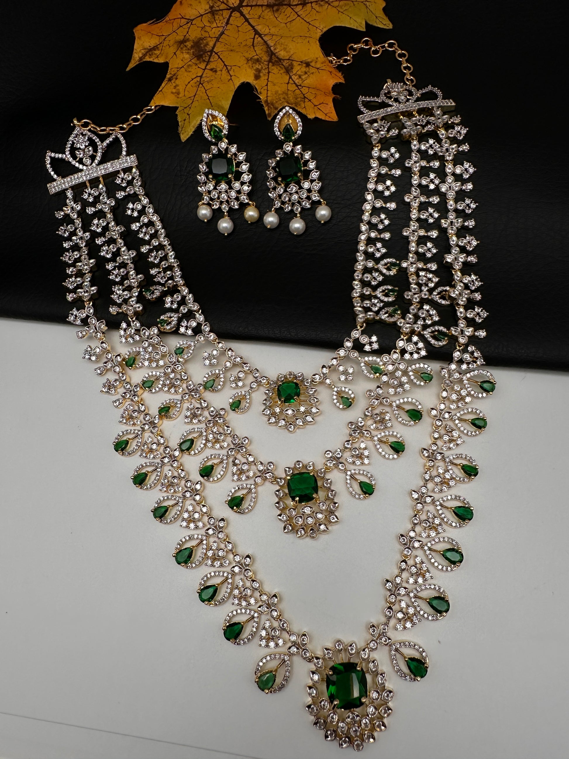 AD Color Stone Multi Layer Long  Necklace - Green