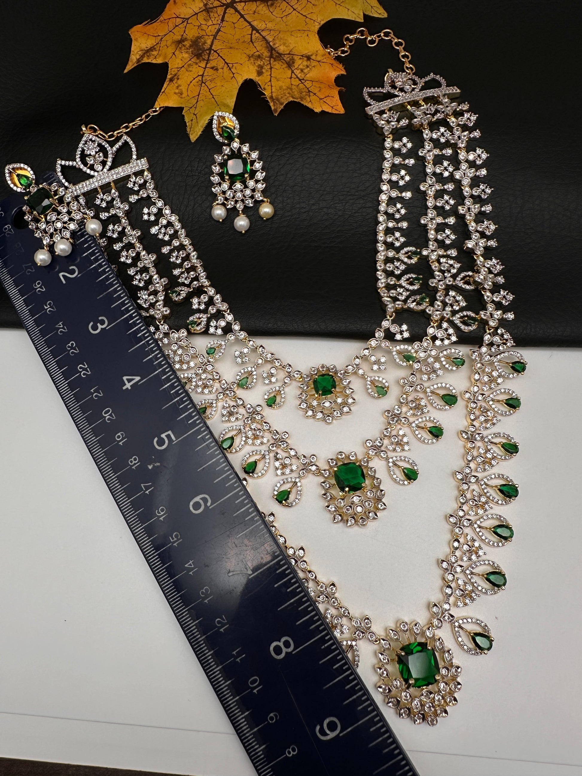 AD Color Stone Multi Layer Long  Necklace - Green
