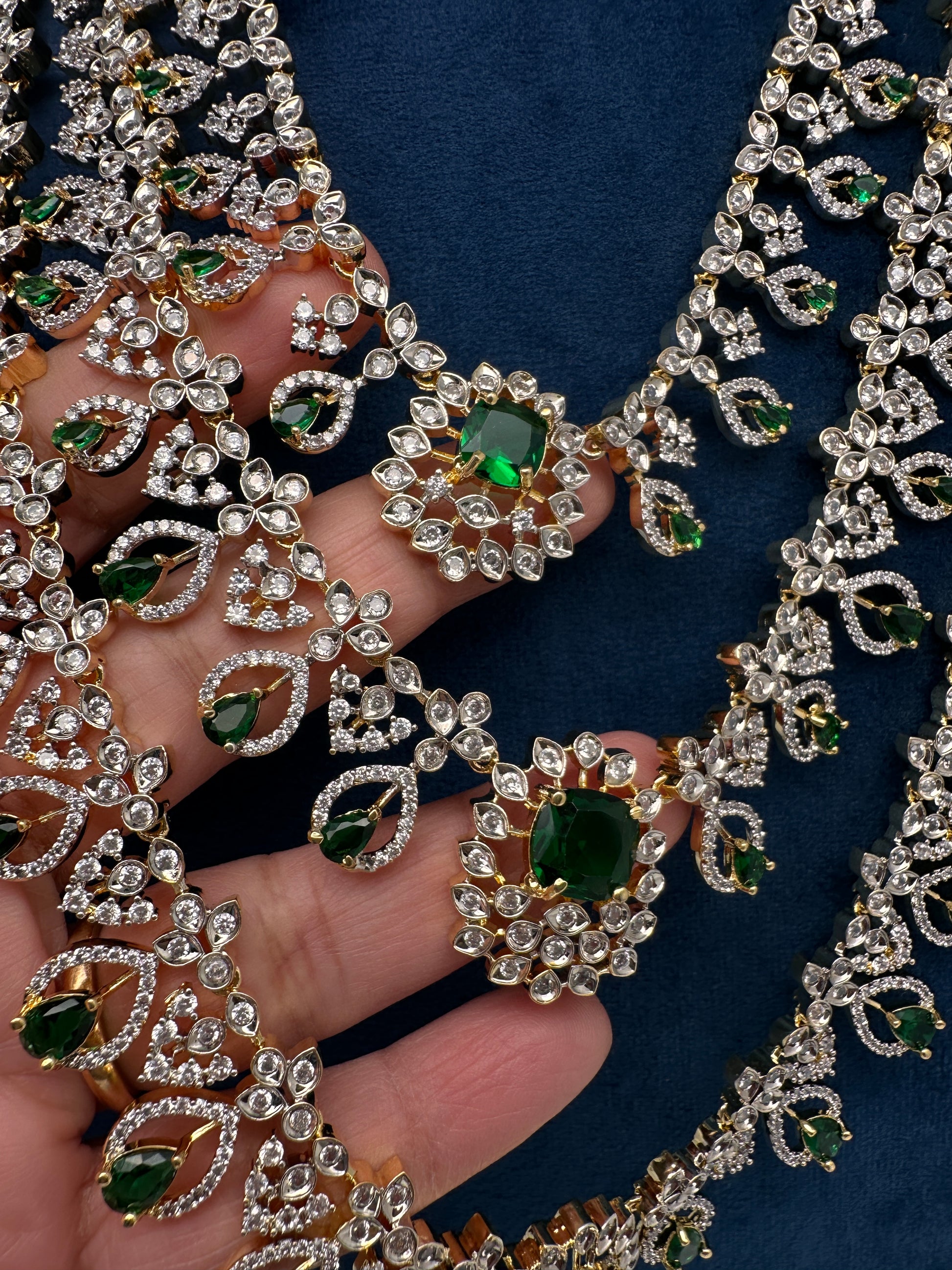 AD Color Stone Multi Layer Long  Necklace - Green