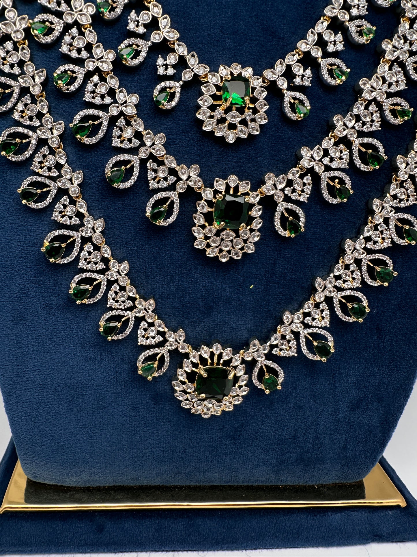 AD Color Stone Multi Layer Long  Necklace - Green