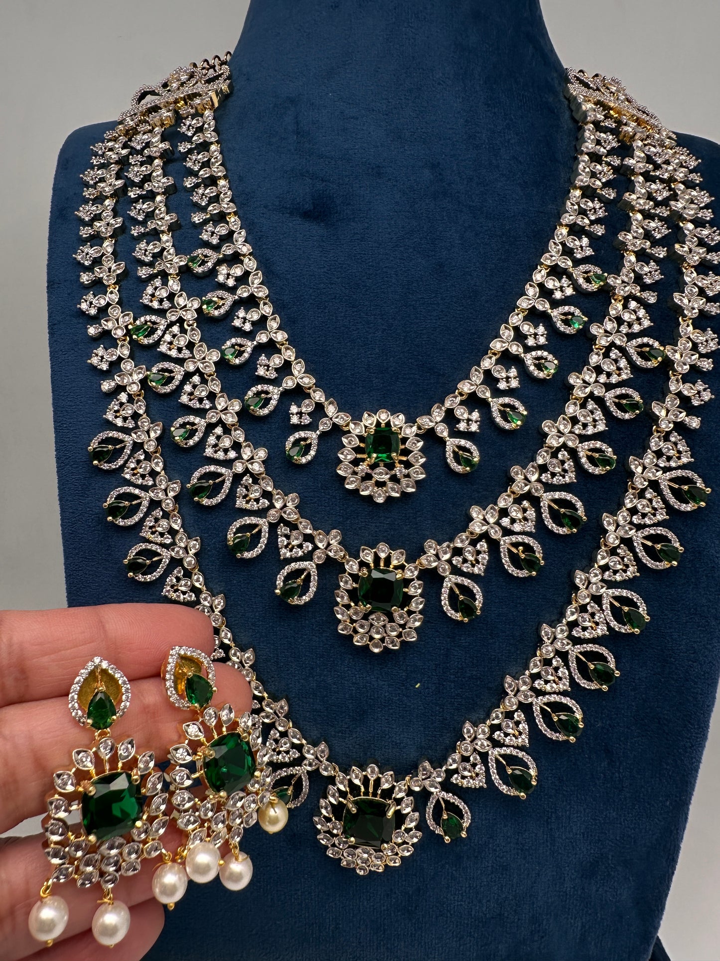 AD Color Stone Multi Layer Long  Necklace - Green