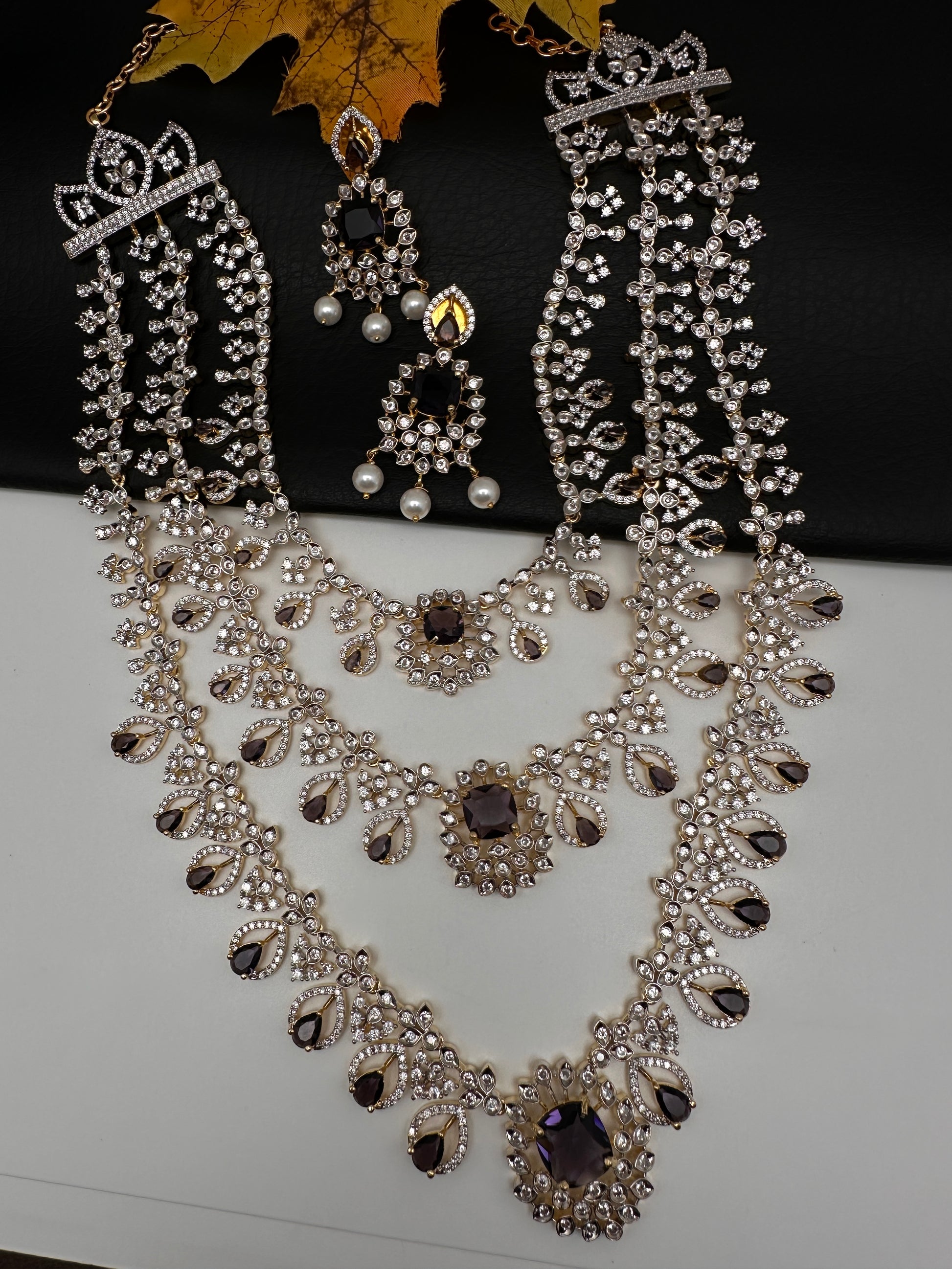 AD Color Stone Multi Layer Long  Necklace - Purple