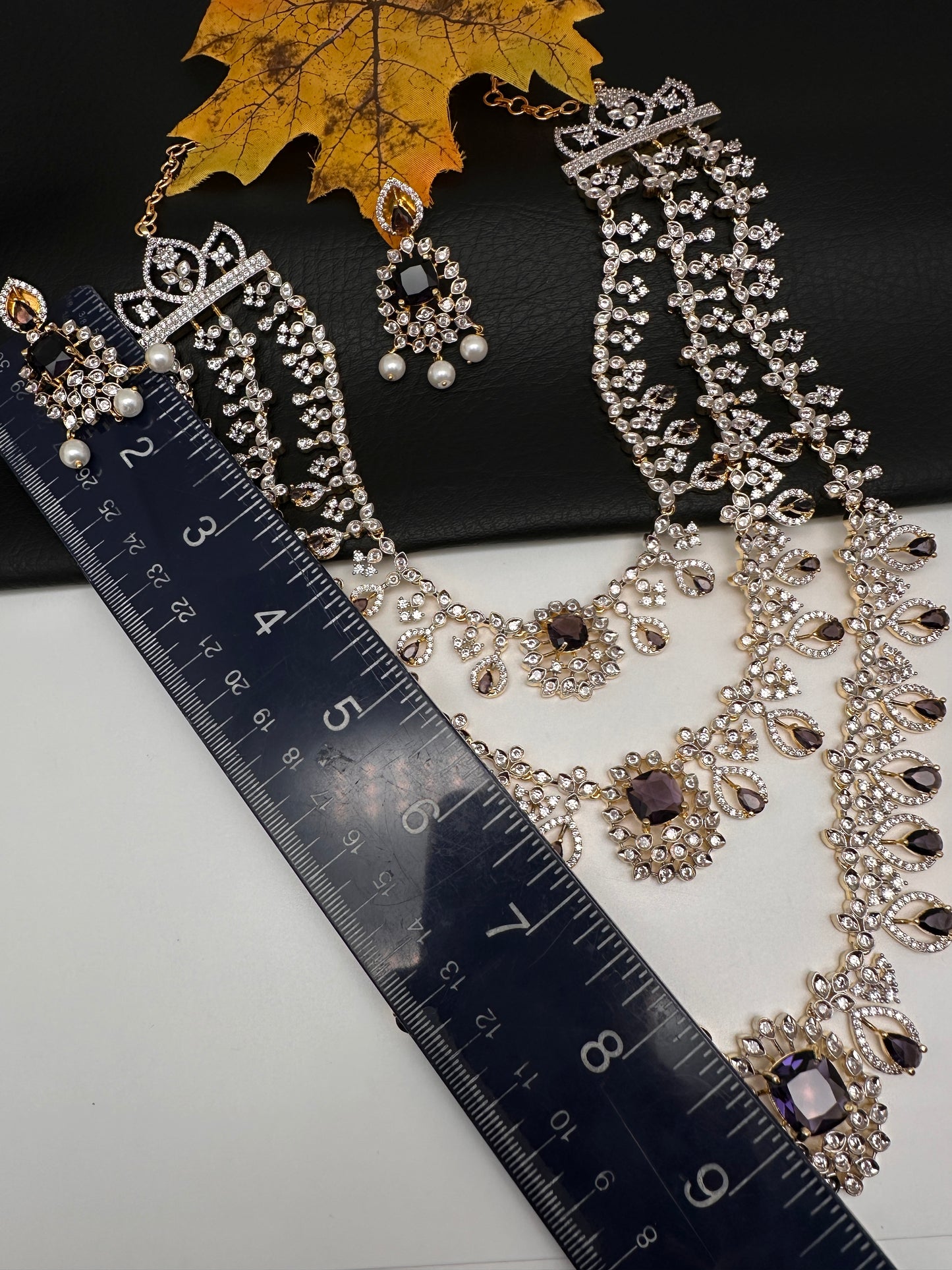 AD Color Stone Multi Layer Long  Necklace - Purple