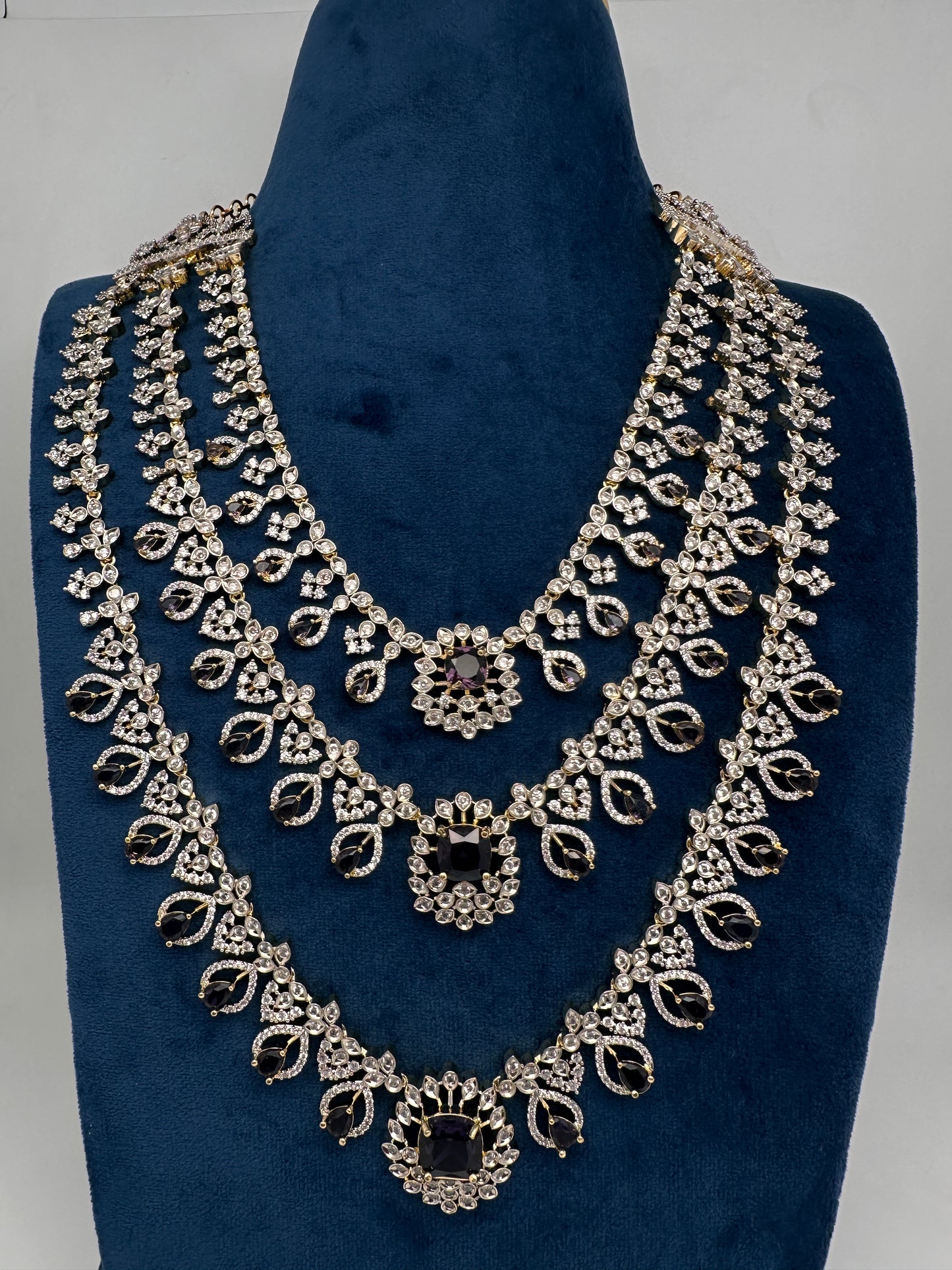 AD Color Stone Multi Layer Long  Necklace - Purple