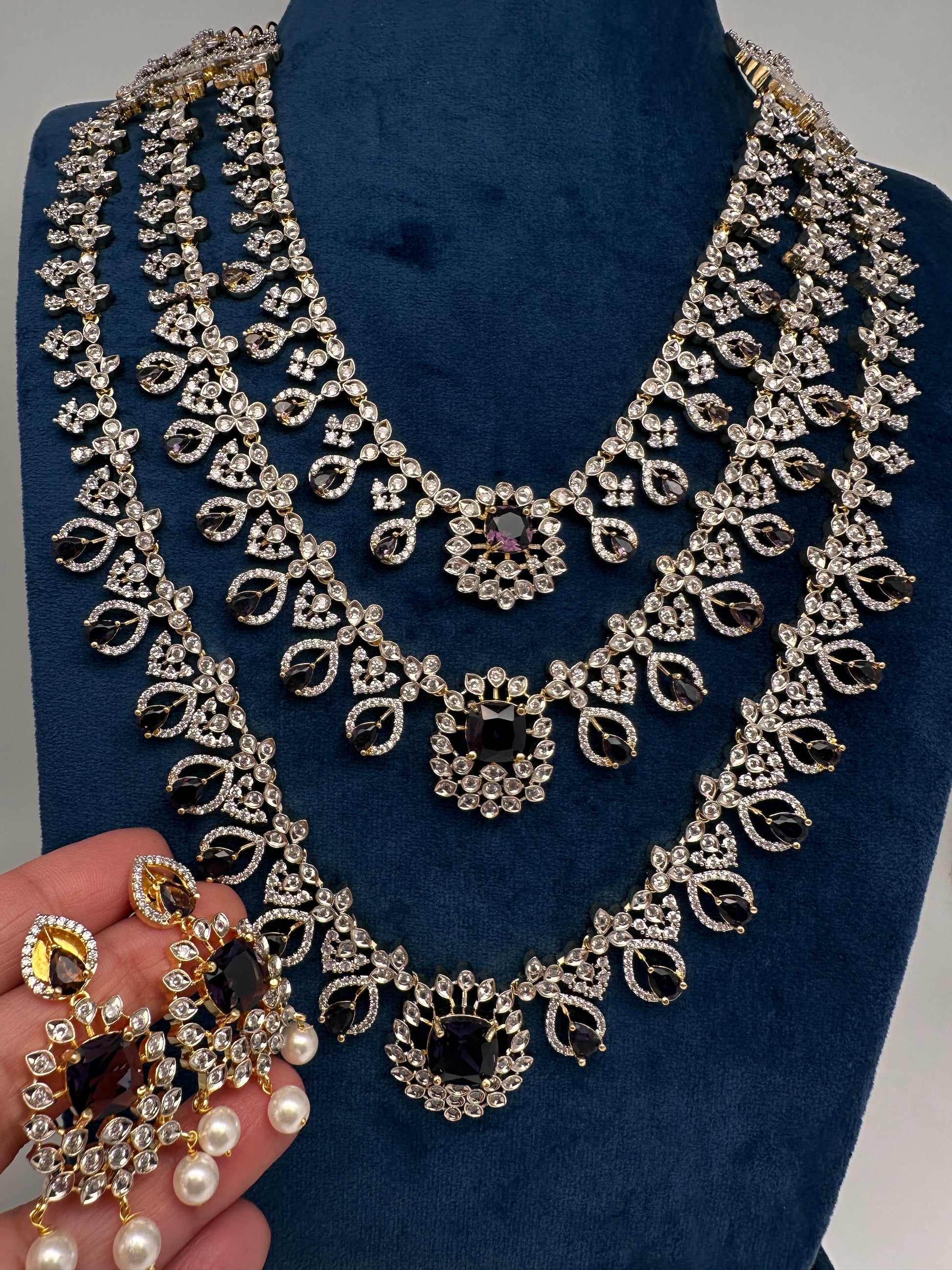 AD Color Stone Multi Layer Long  Necklace - Purple