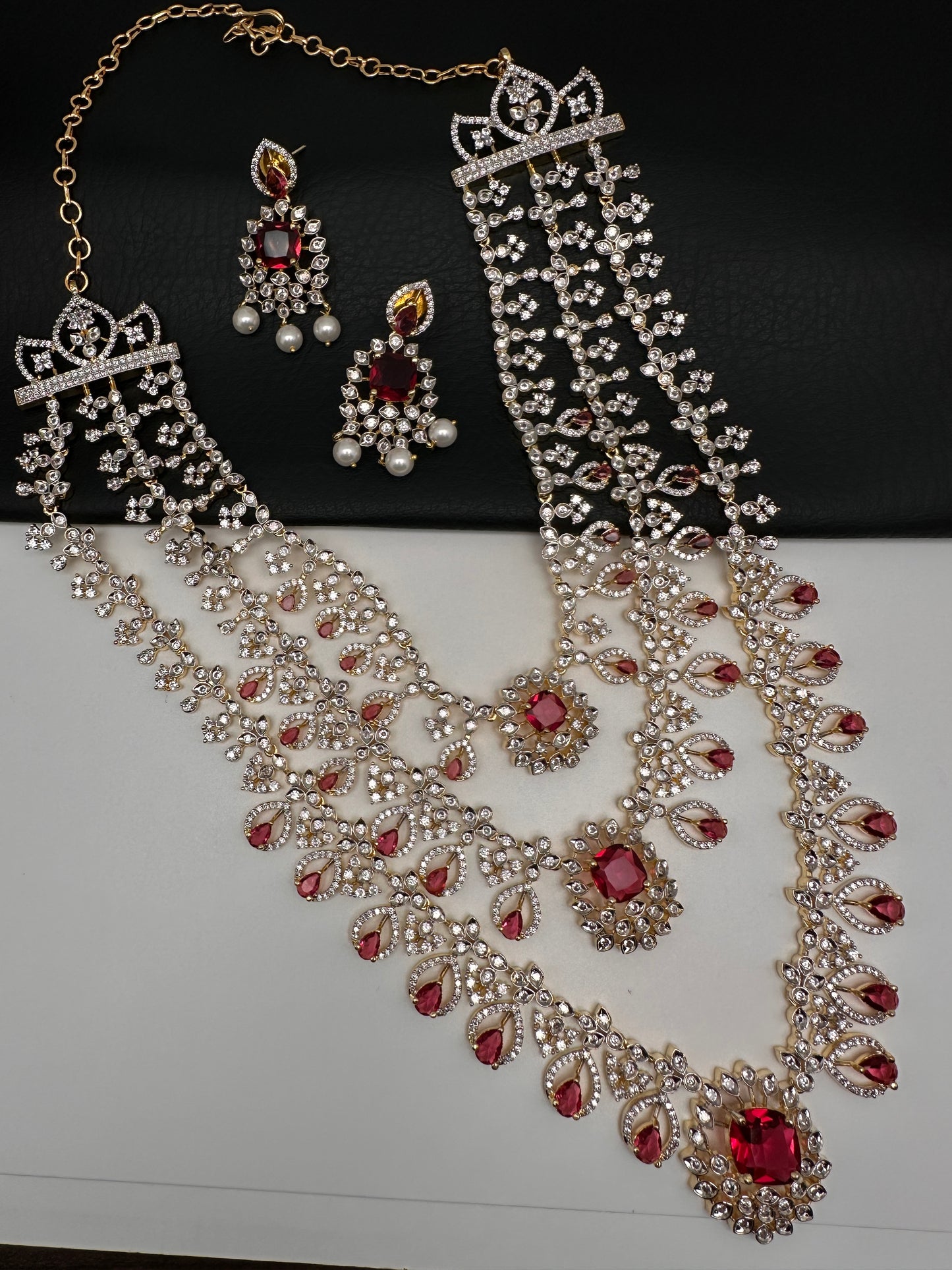 AD Color Stone Multi Layer Long  Necklace - Red