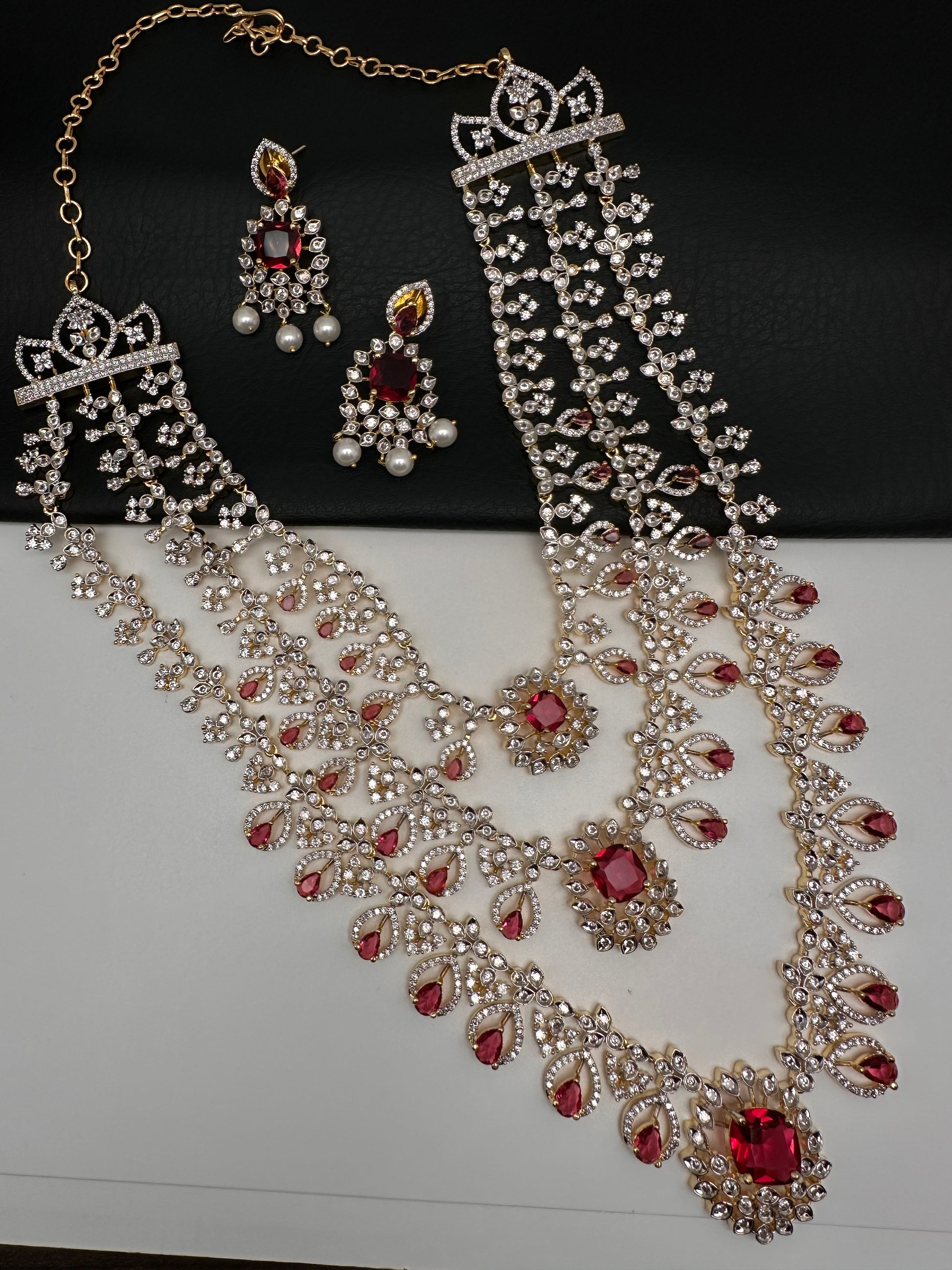 AD Color Stone Multi Layer Long  Necklace - Red