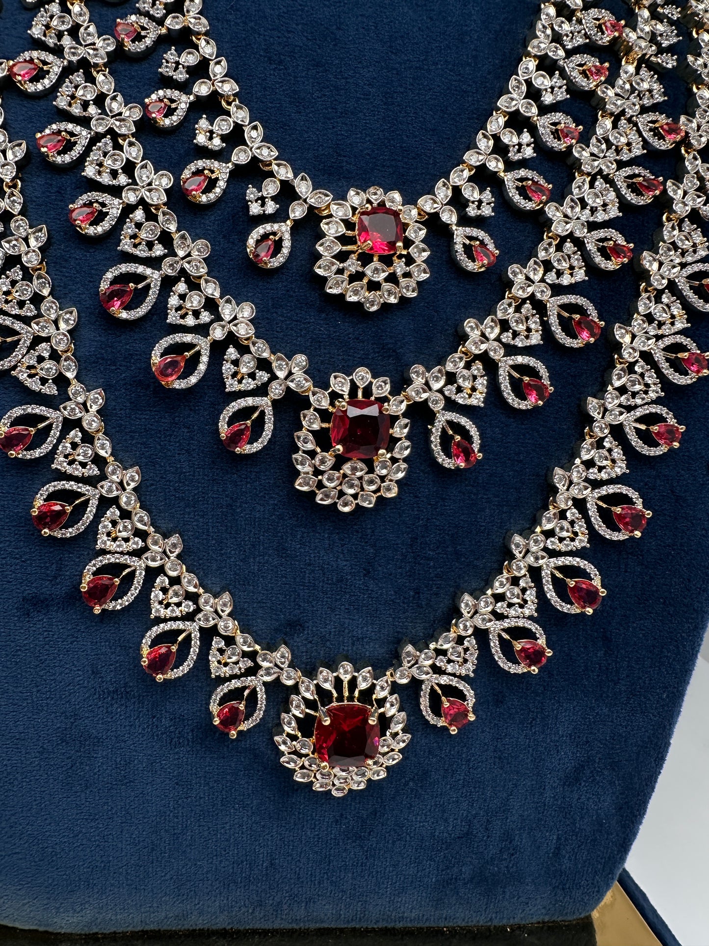 AD Color Stone Multi Layer Long  Necklace - Red