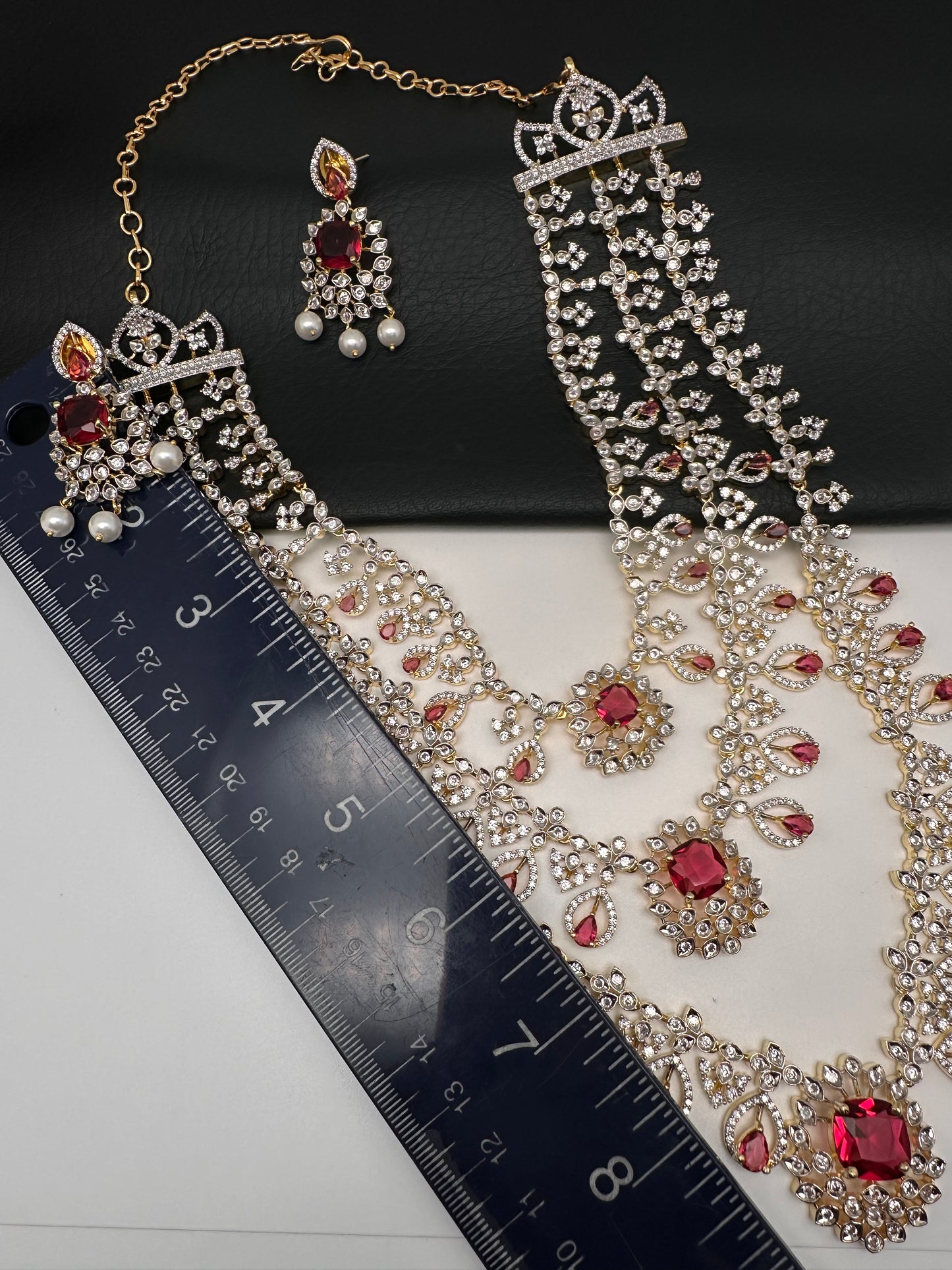 AD Color Stone Multi Layer Long  Necklace - Red