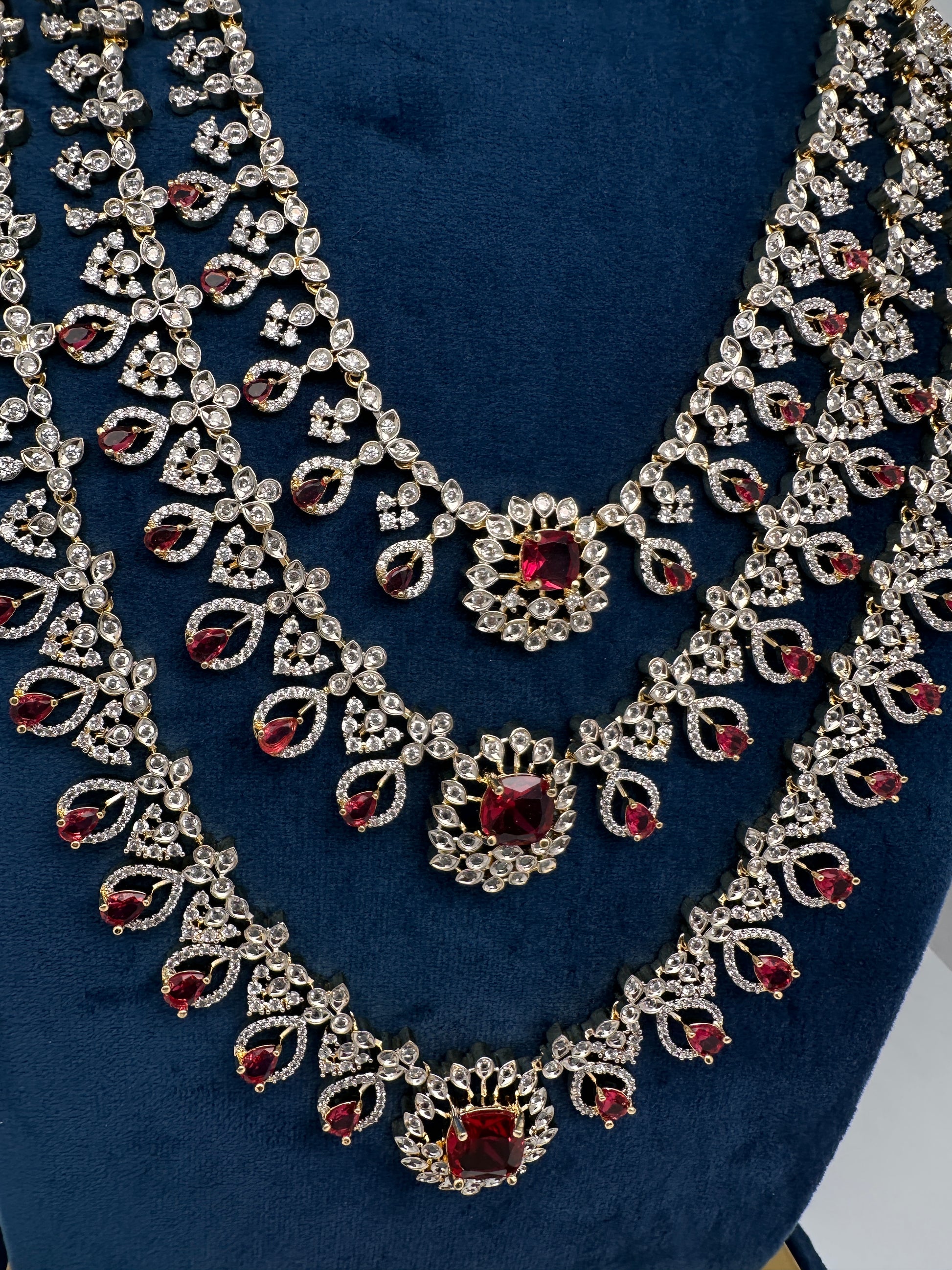 AD Color Stone Multi Layer Long  Necklace - Red