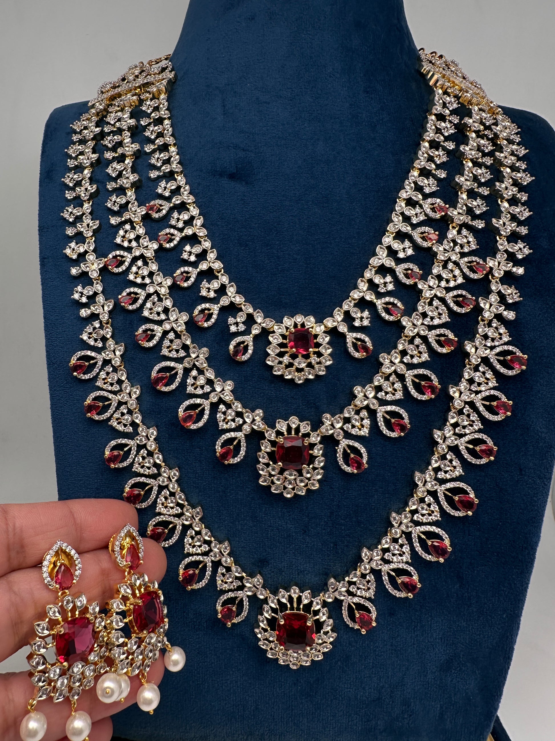 AD Color Stone Multi Layer Long  Necklace - Red