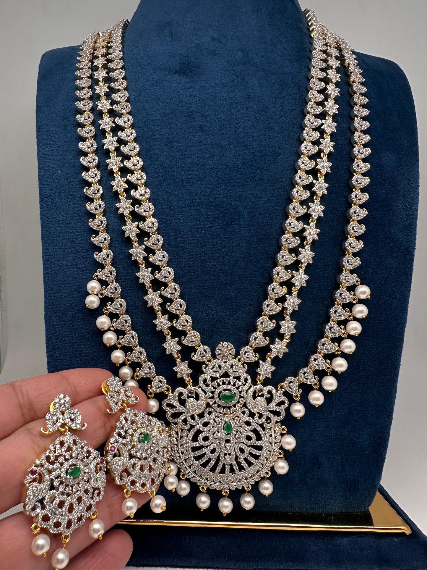 AD Peacock Mango Color Stone Multi Layer Long  Necklace - Green