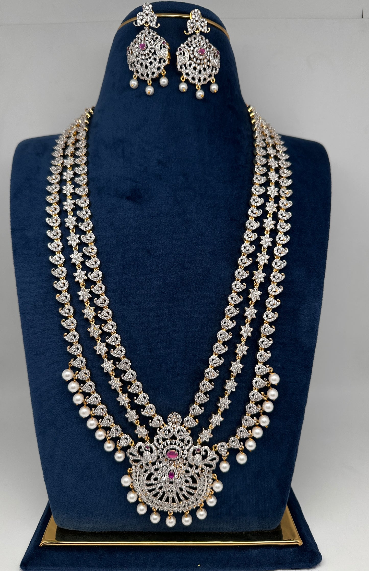 AD Peacock Mango Color Stone Multi Layer Long  Necklace - Red