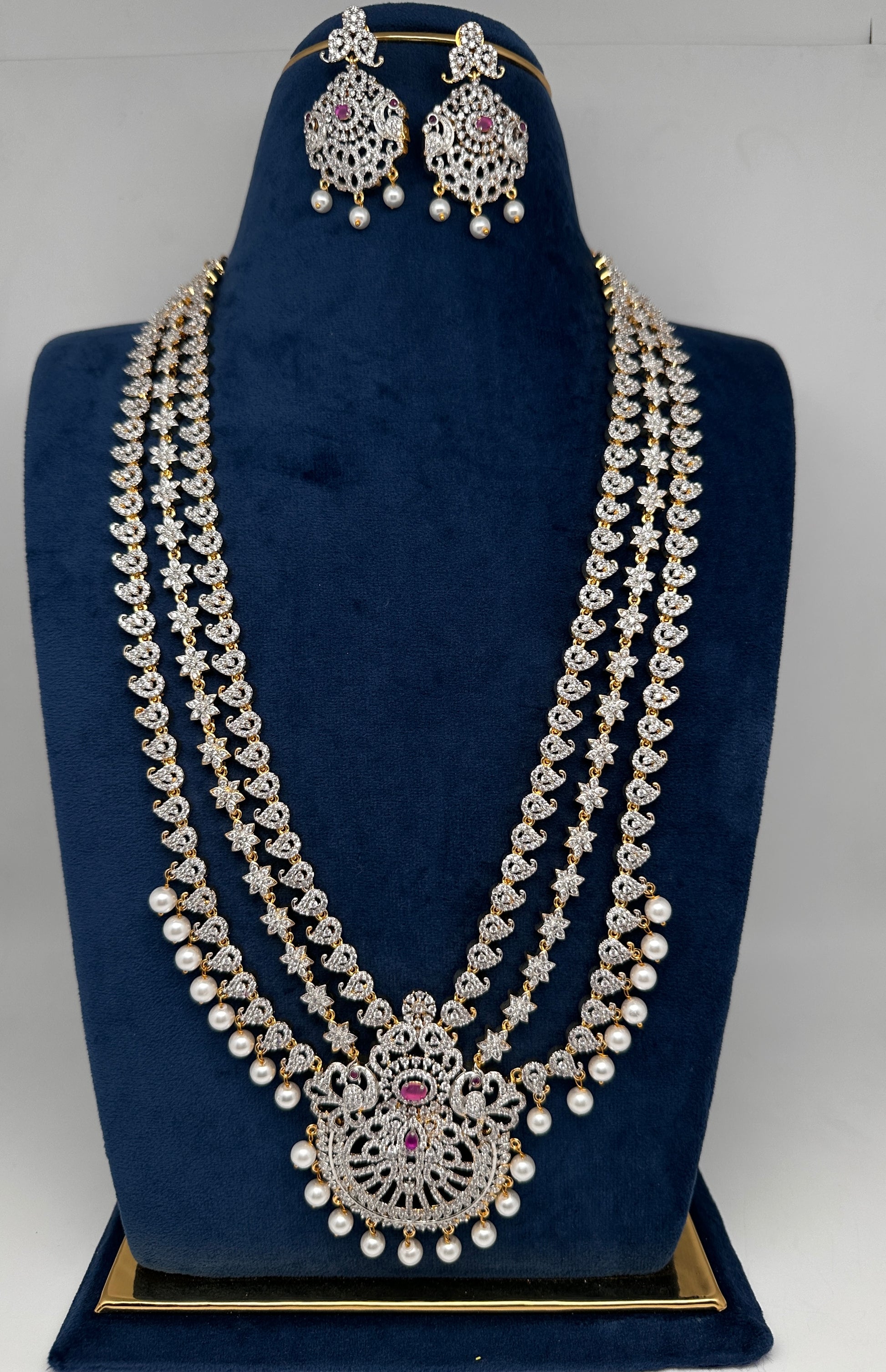 AD Peacock Mango Color Stone Multi Layer Long  Necklace - Red
