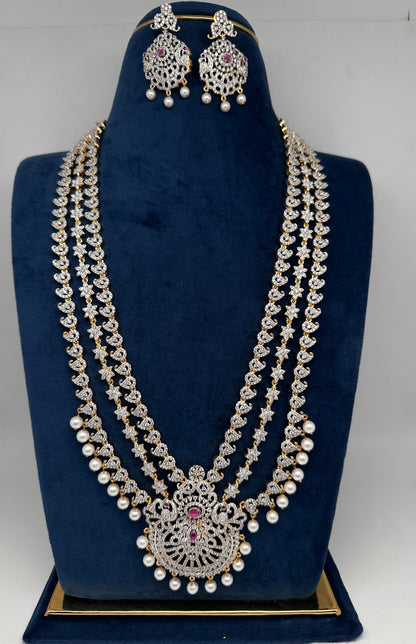 AD Peacock Mango Color Stone Multi Layer Long  Necklace - Red