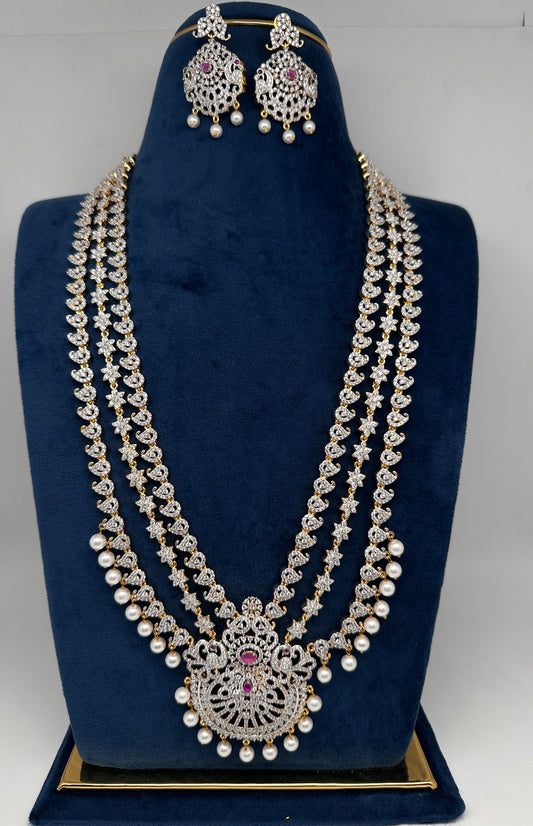 AD Peacock Mango Color Stone Multi Layer Long  Necklace - Red