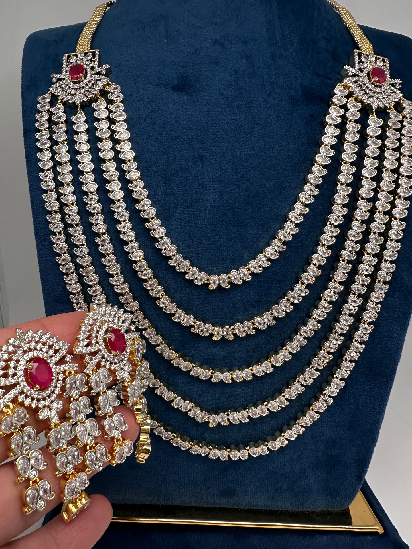 AD Chain Ruby Multi Layer Long  Necklace - 