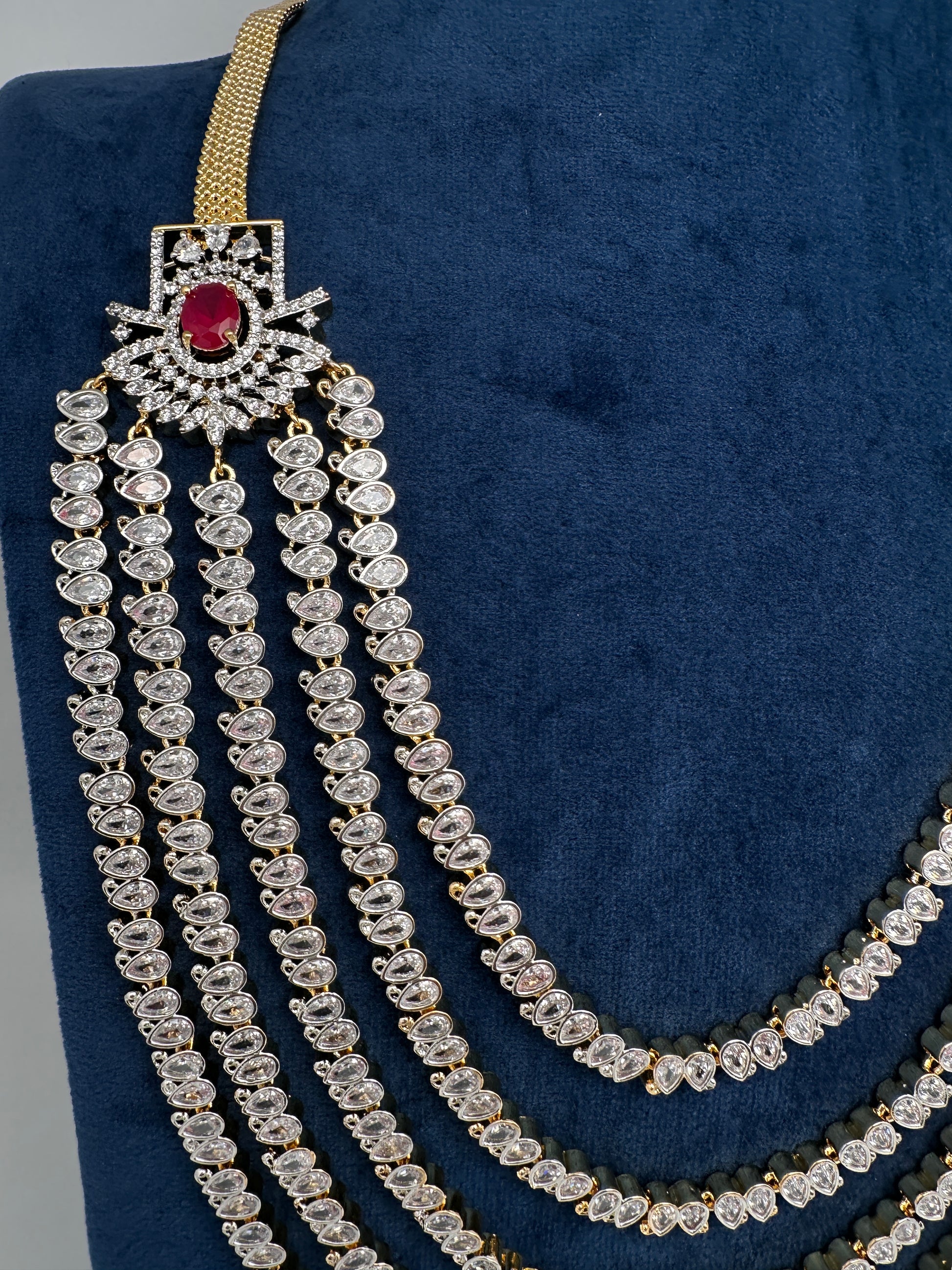 AD Chain Ruby Multi Layer Long  Necklace - 