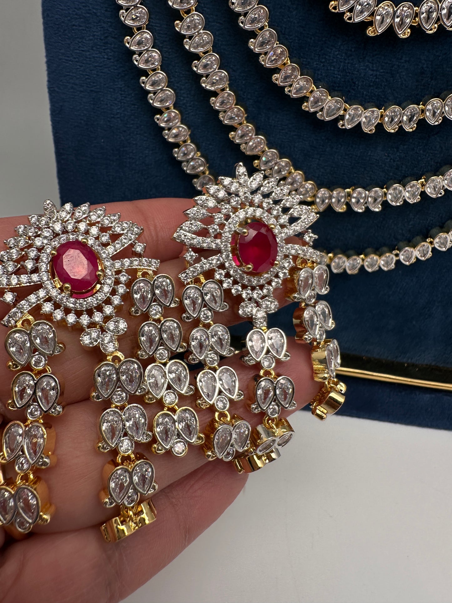 AD Chain Ruby Multi Layer Long  Necklace - 