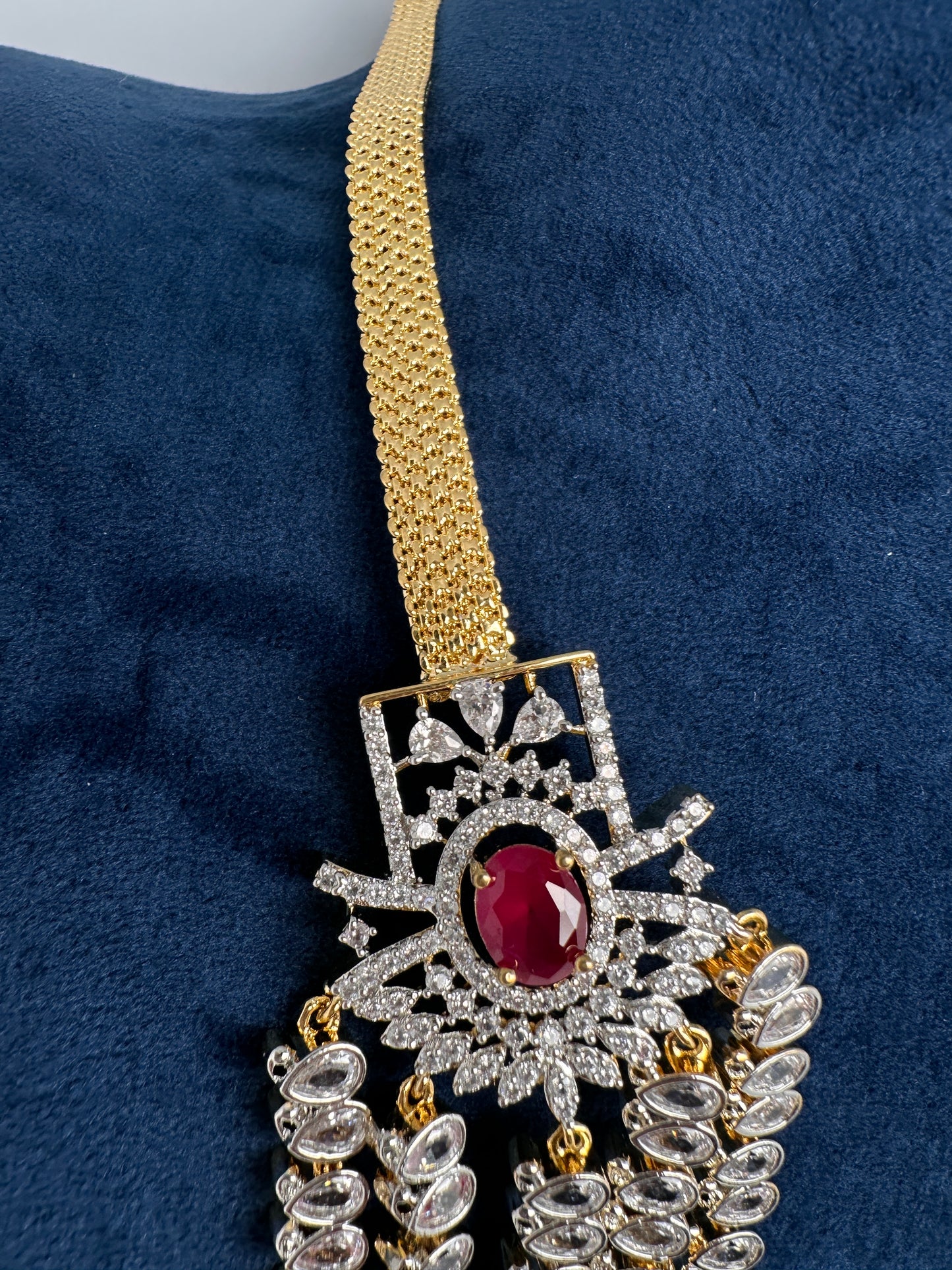 AD Chain Ruby Multi Layer Long  Necklace - 