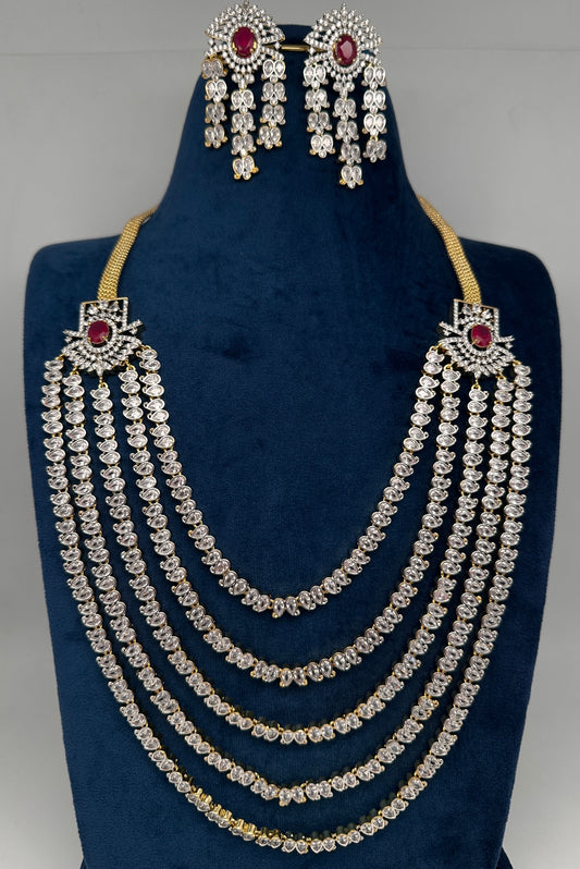 AD Chain Ruby Multi Layer Long  Necklace - 