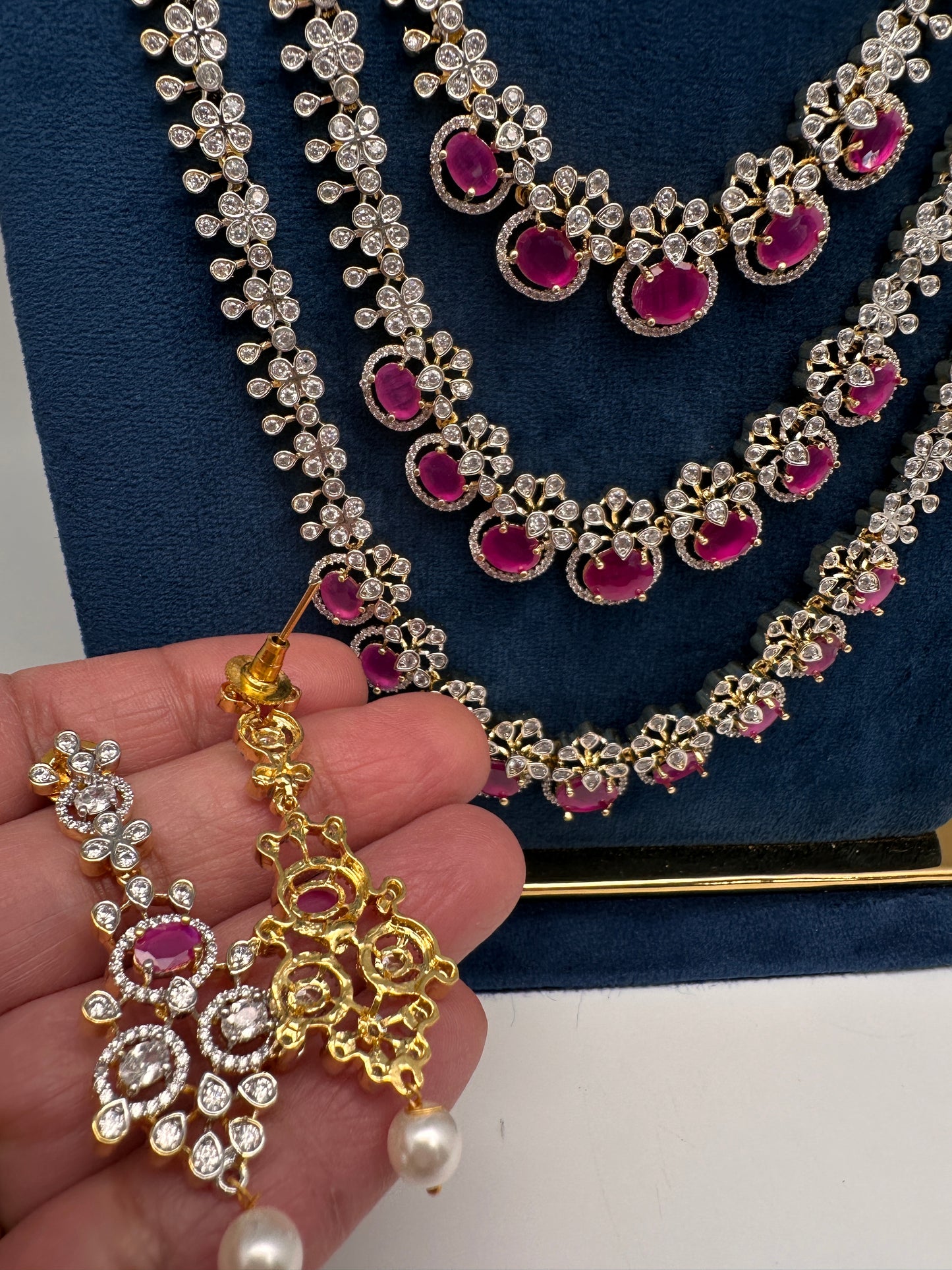 AD Ruby Multi Layer Long  Necklace - 