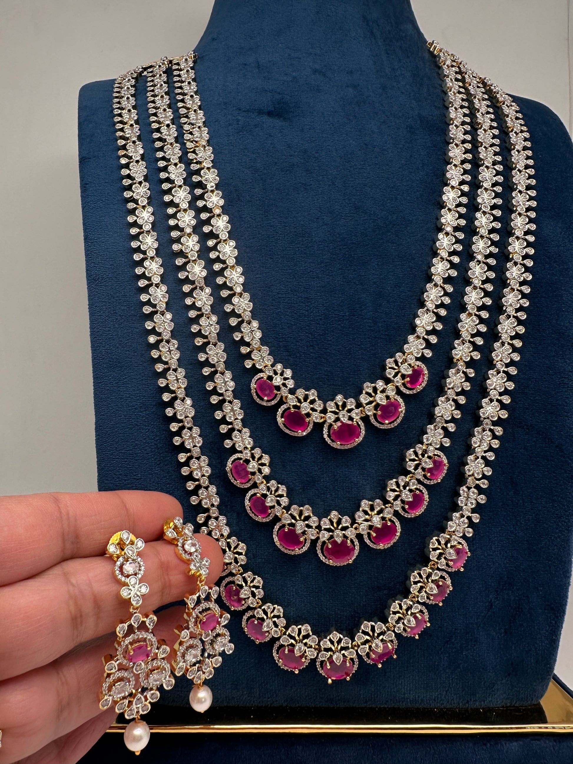 AD Ruby Multi Layer Long  Necklace - 