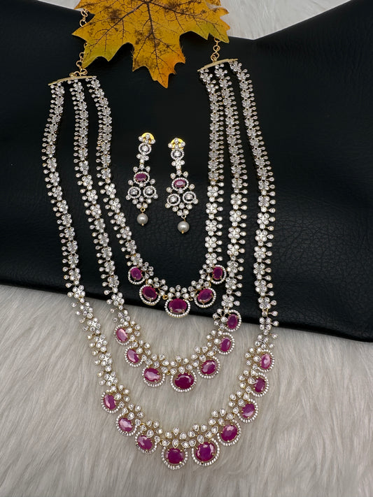 AD Ruby Multi Layer Long  Necklace - 