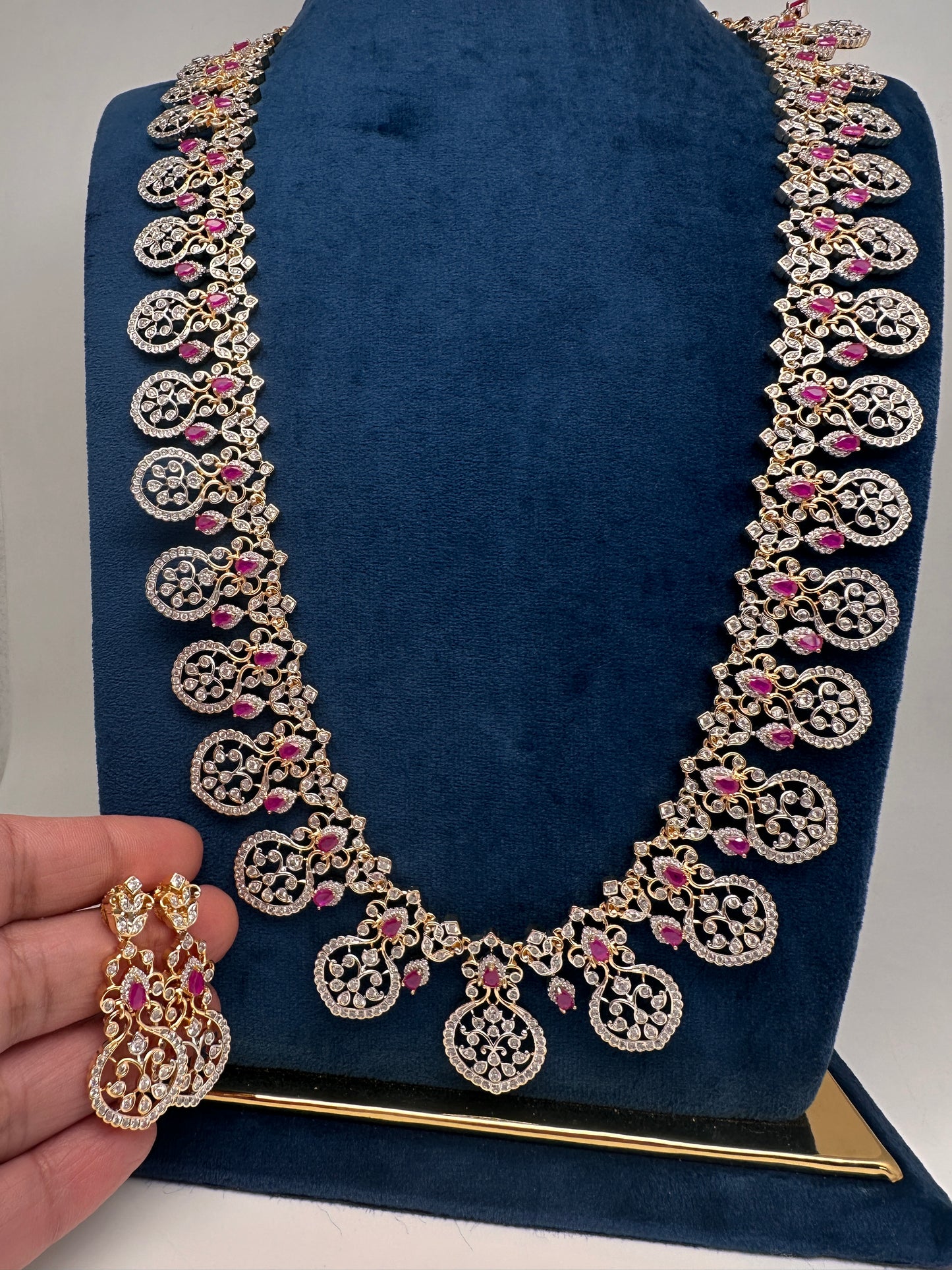 AD Bottu Color Stone Long  Necklace - Red